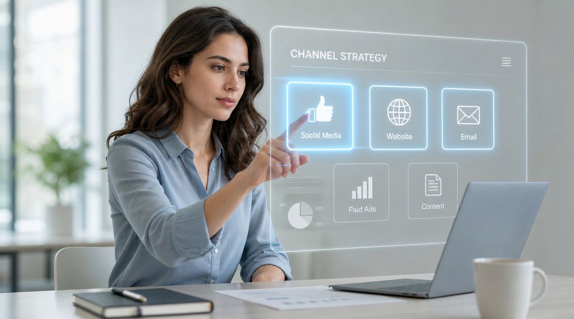 A businesswoman interacting with a futuristic digital interface about channel marketing strategies in an office setting.