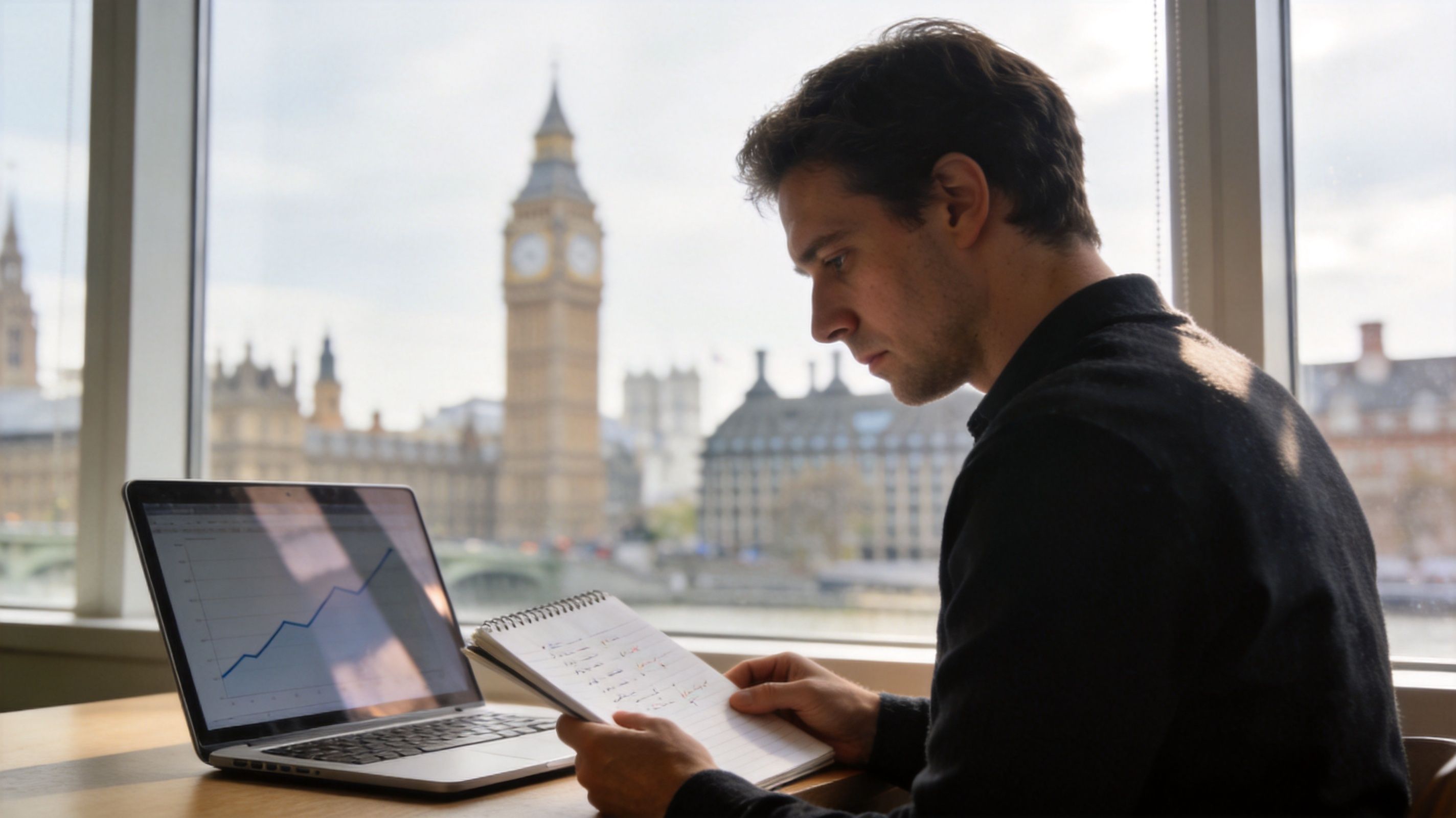 A professional digital marketing consultant analyzing data on a laptop overlooking Big Ben in London.