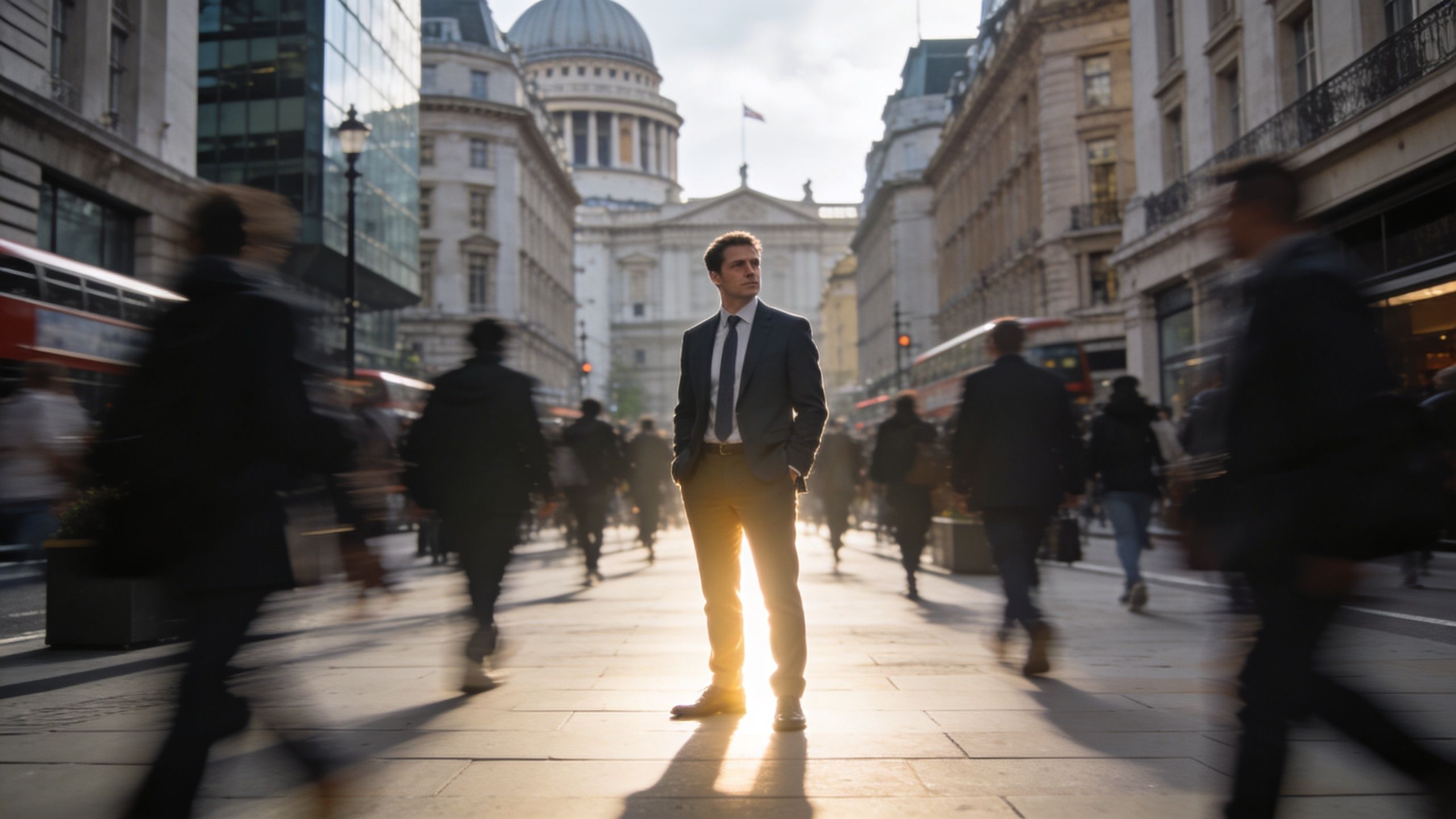 A professional digital marketing consultant stands confidently in the bustling city streets of London, England.