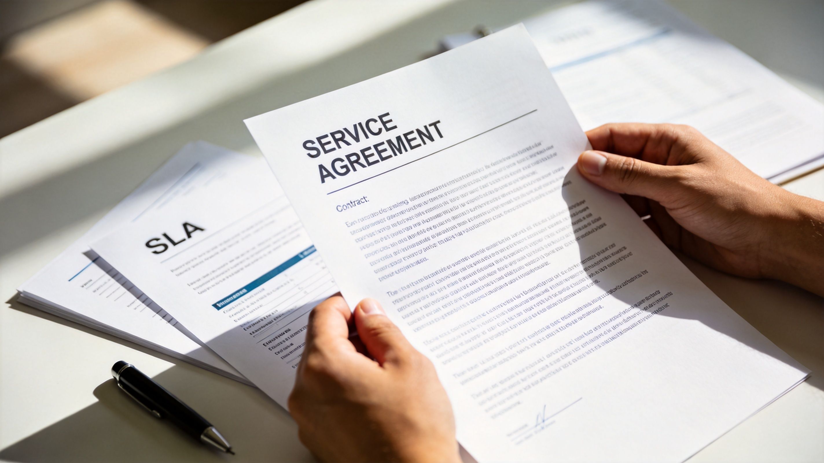 A professional holding a Service Agreement contract in their hands over a desk with documents.