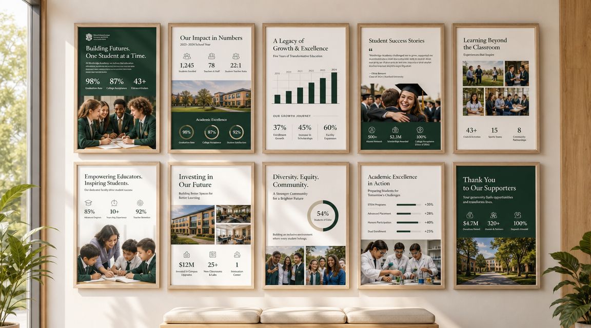 A gallery wall featuring ten informational posters showcasing educational statistics, school achievements, and community impact in wooden frames.
