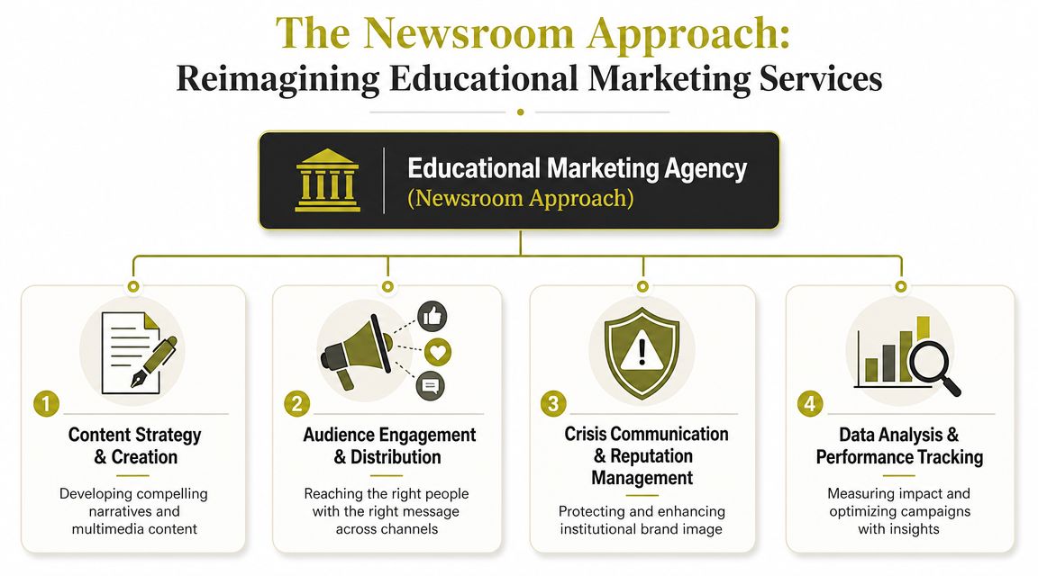 A diagram outlining the four core pillars of a newsroom approach for an educational marketing agency.