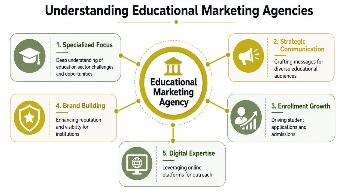 A diagram outlining five key services offered by an educational marketing agency to support institutions.
