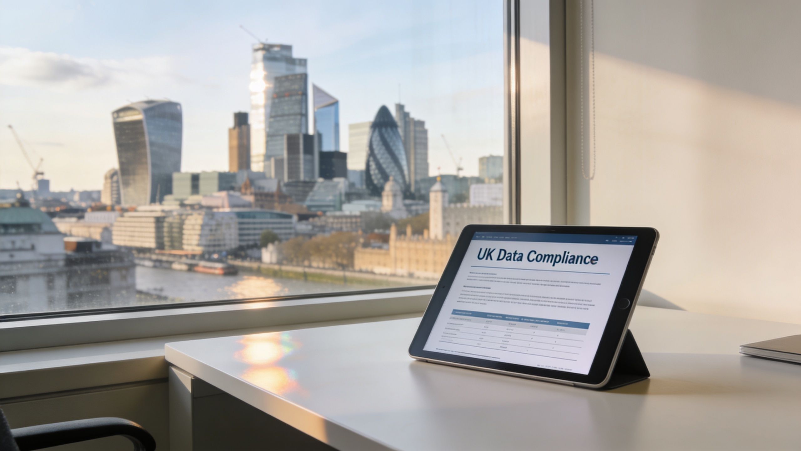 A digital tablet displaying UK Data Compliance information on a desk overlooking the London skyline.