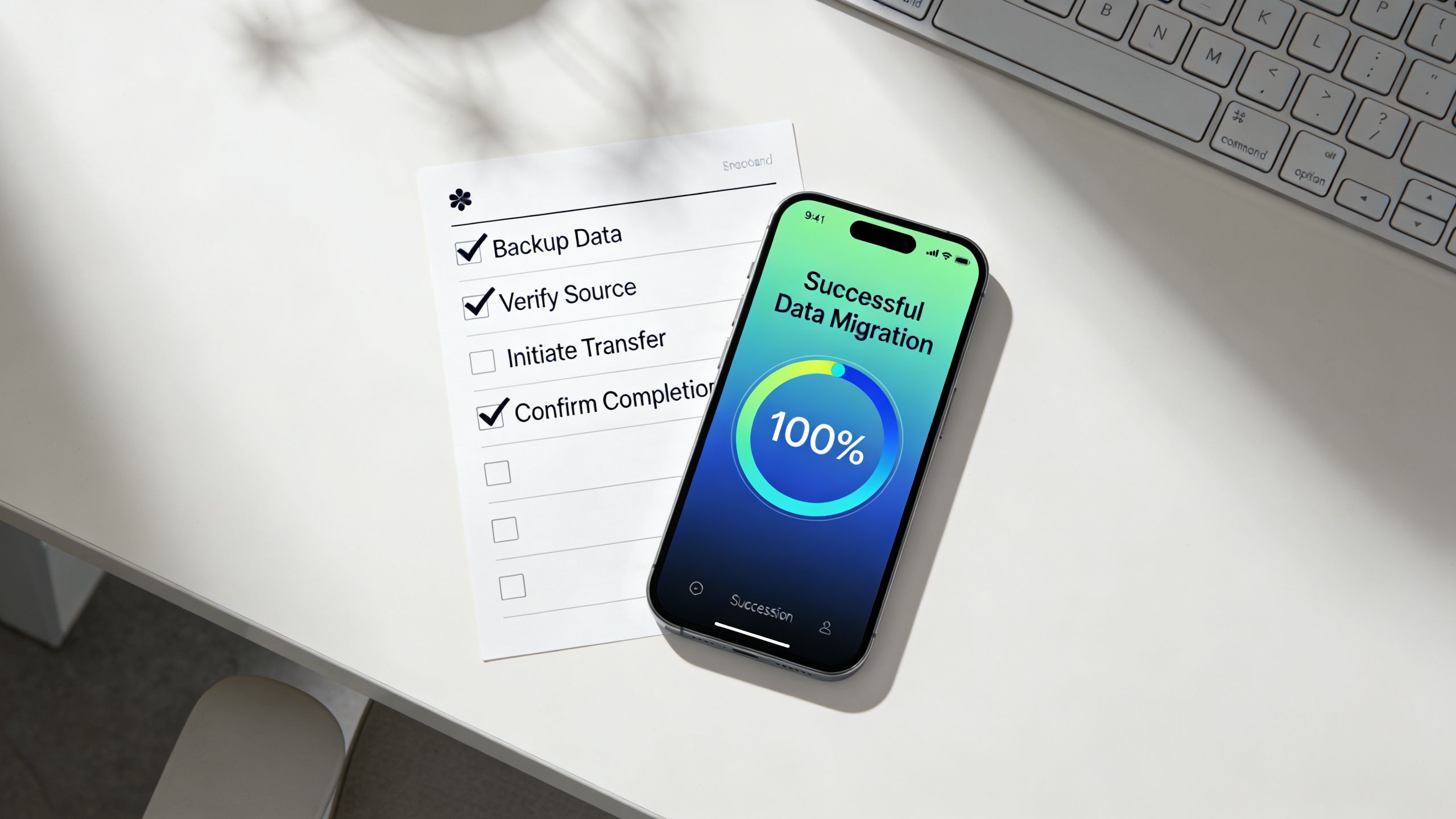 A smartphone displaying a successful data migration screen next to a checklist on a white desk.