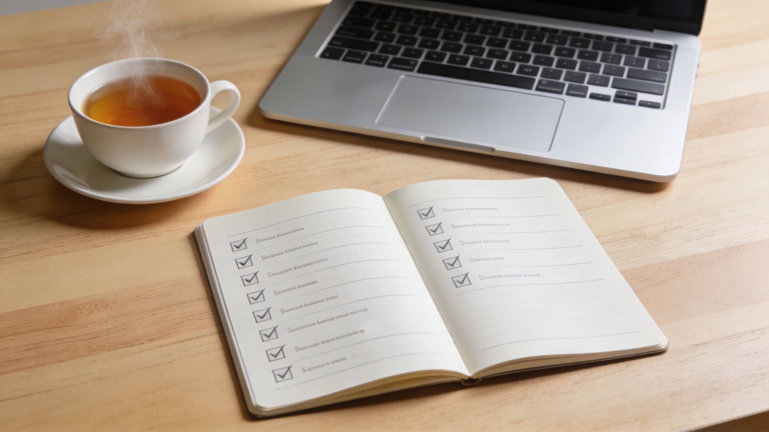 A steaming cup of tea next to an open notebook with a checklist and a laptop computer.