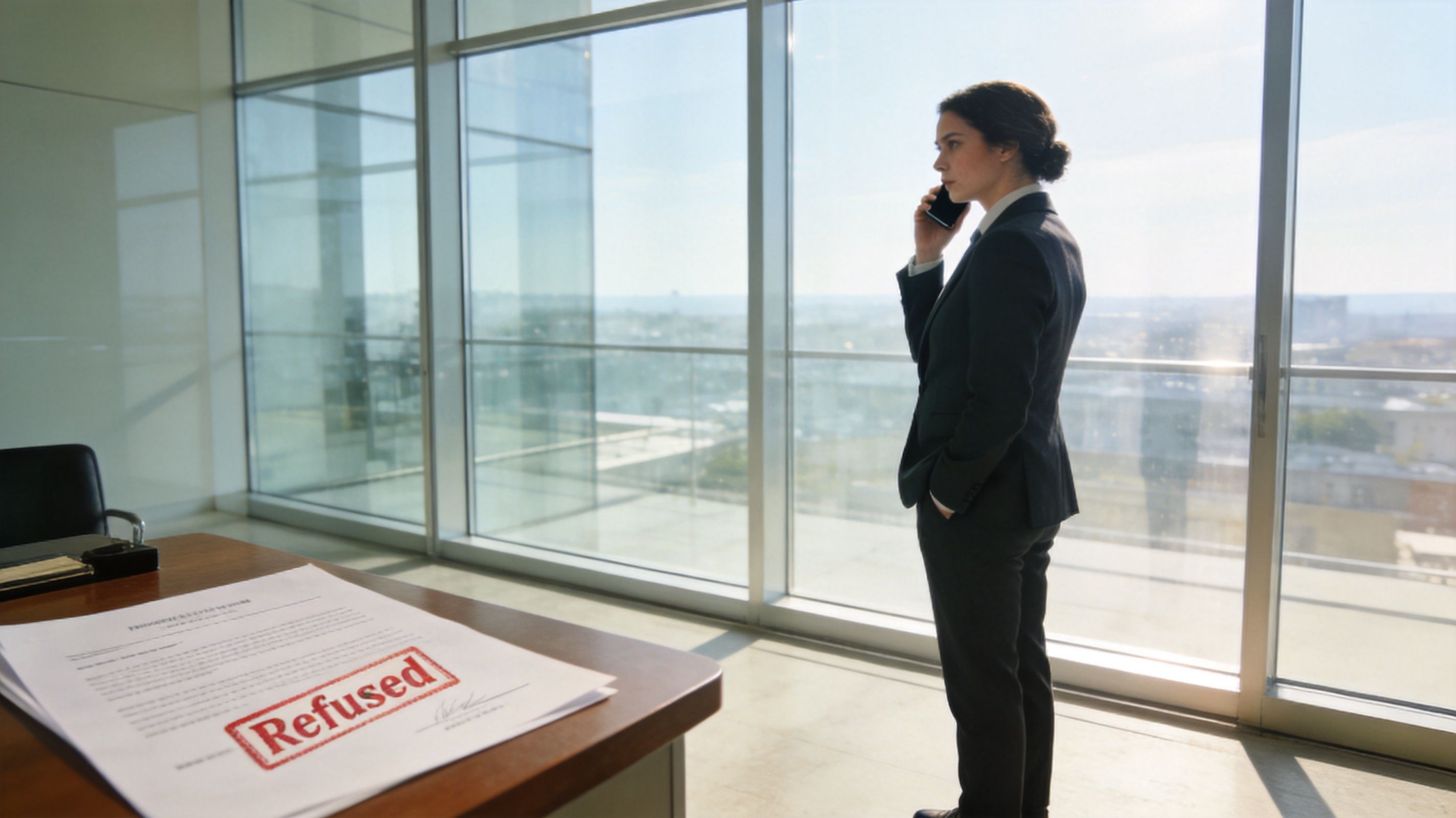 A businesswoman in a suit looking out of an office window while talking on her phone.