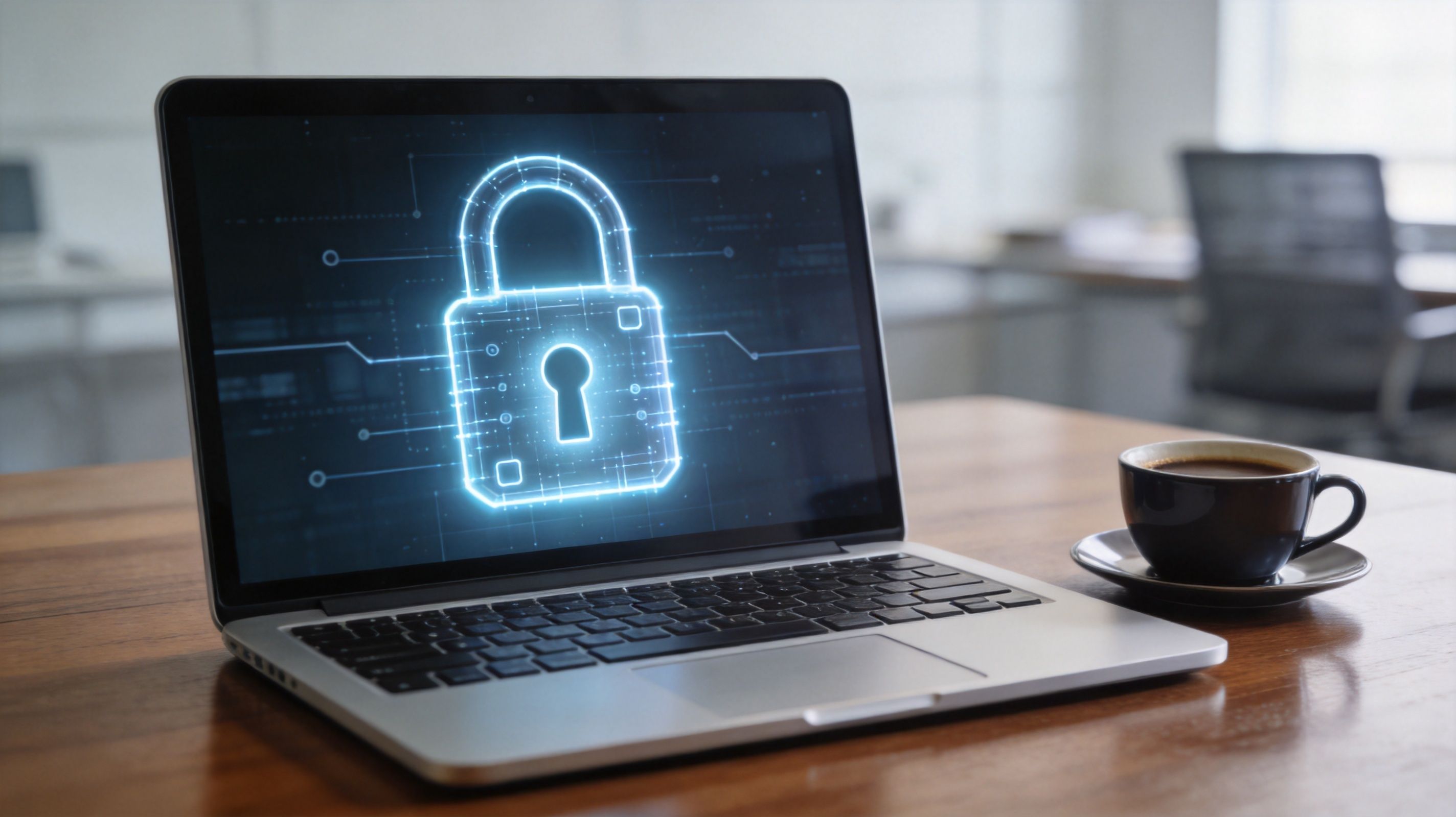 A laptop on a wooden desk displaying a digital glowing padlock symbol representing cybersecurity and data protection.