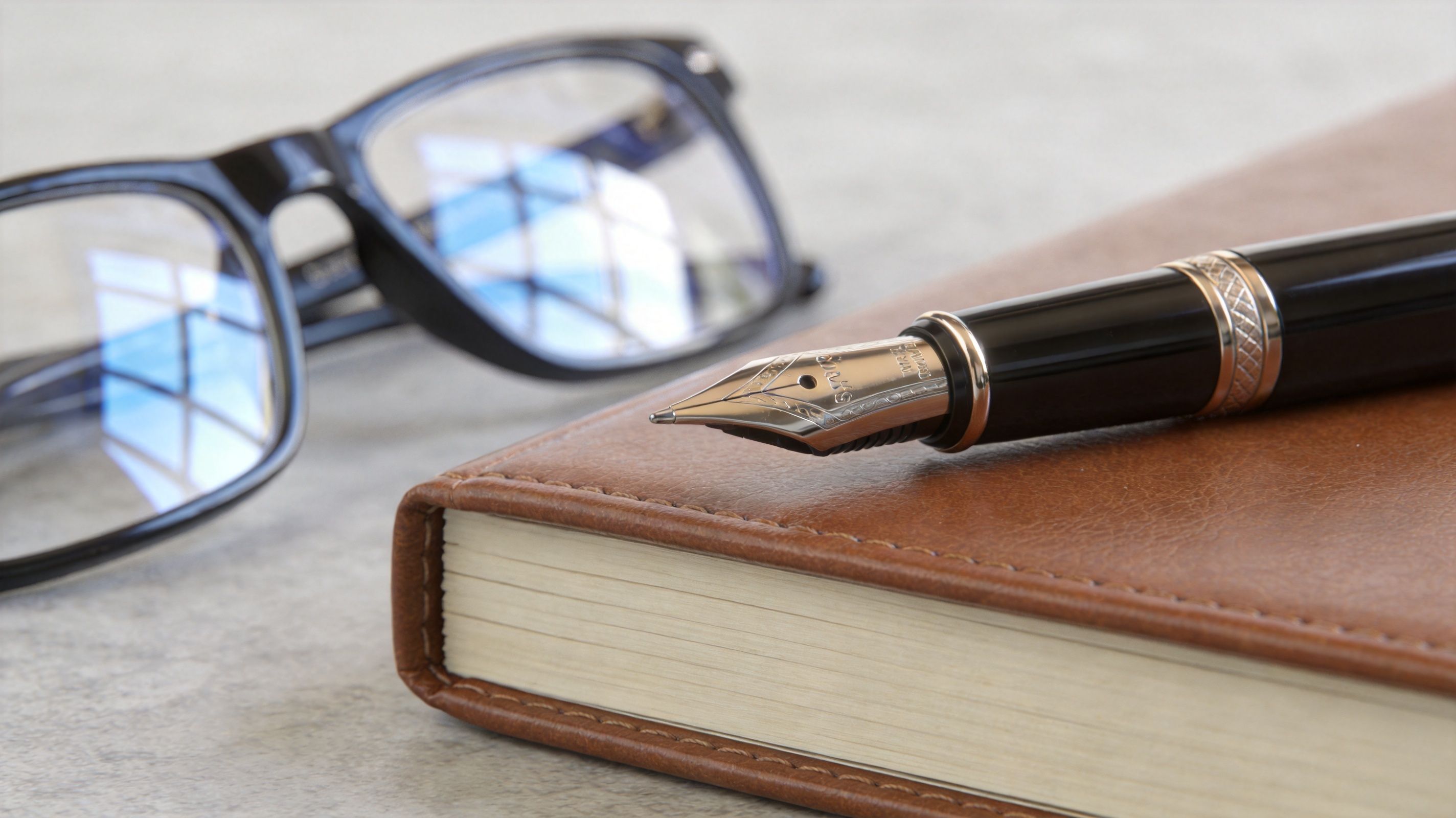 A close-up of a fountain pen resting on a leather notebook beside a pair of glasses.