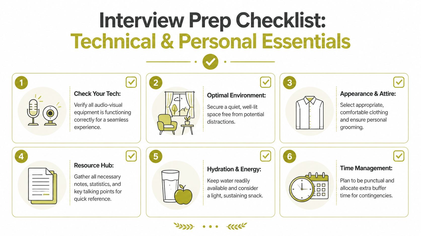 A six-step checklist infographic providing essential technical and personal tips for preparing for a professional job interview.