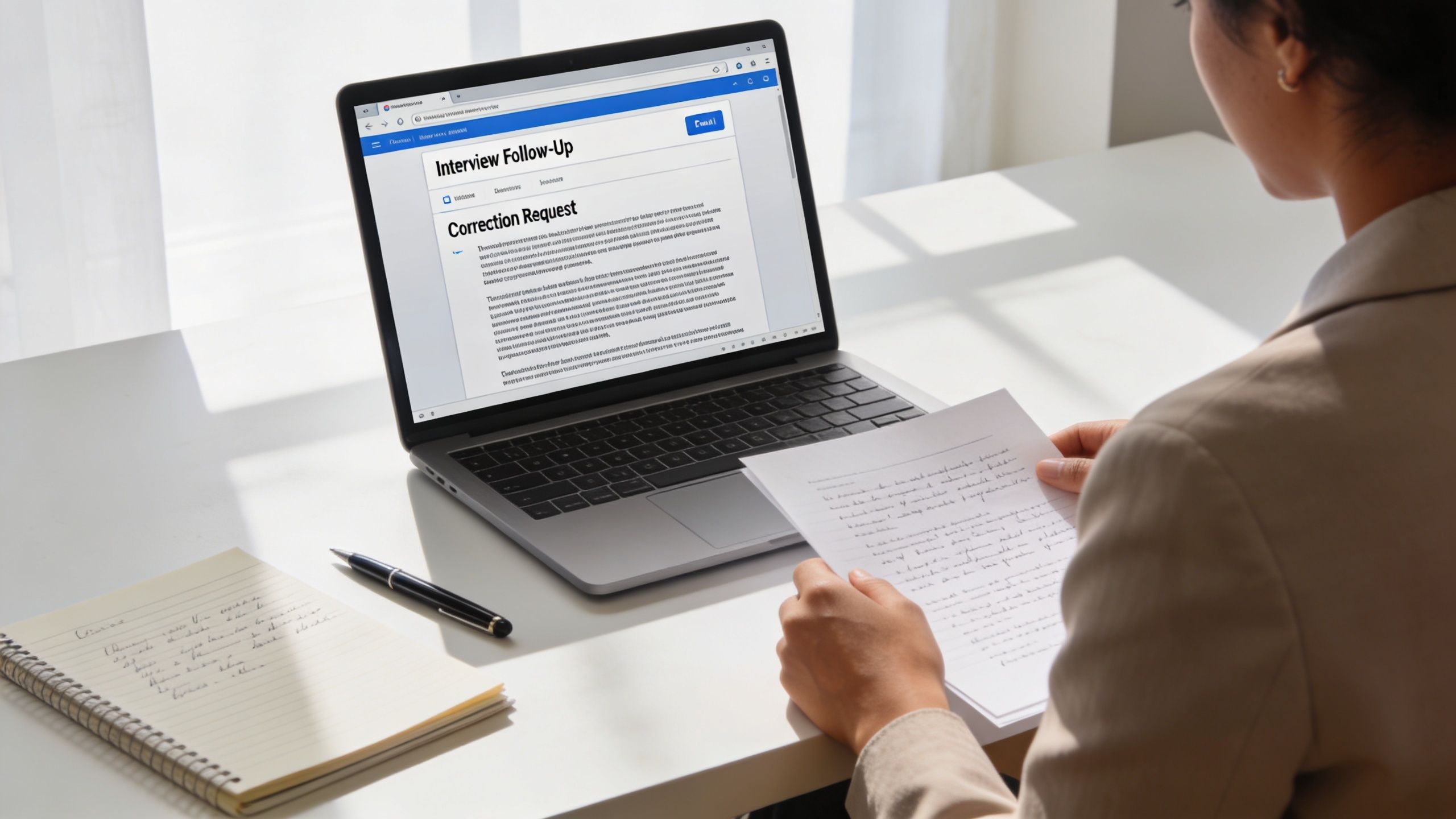 A professional woman reviews a written draft while viewing an interview follow-up correction request on her laptop.