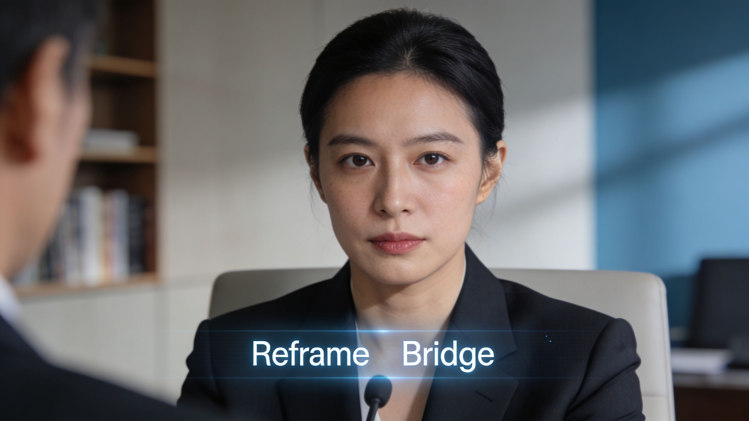 A professional woman in a suit participates in a media interview with text overlays appearing on screen.