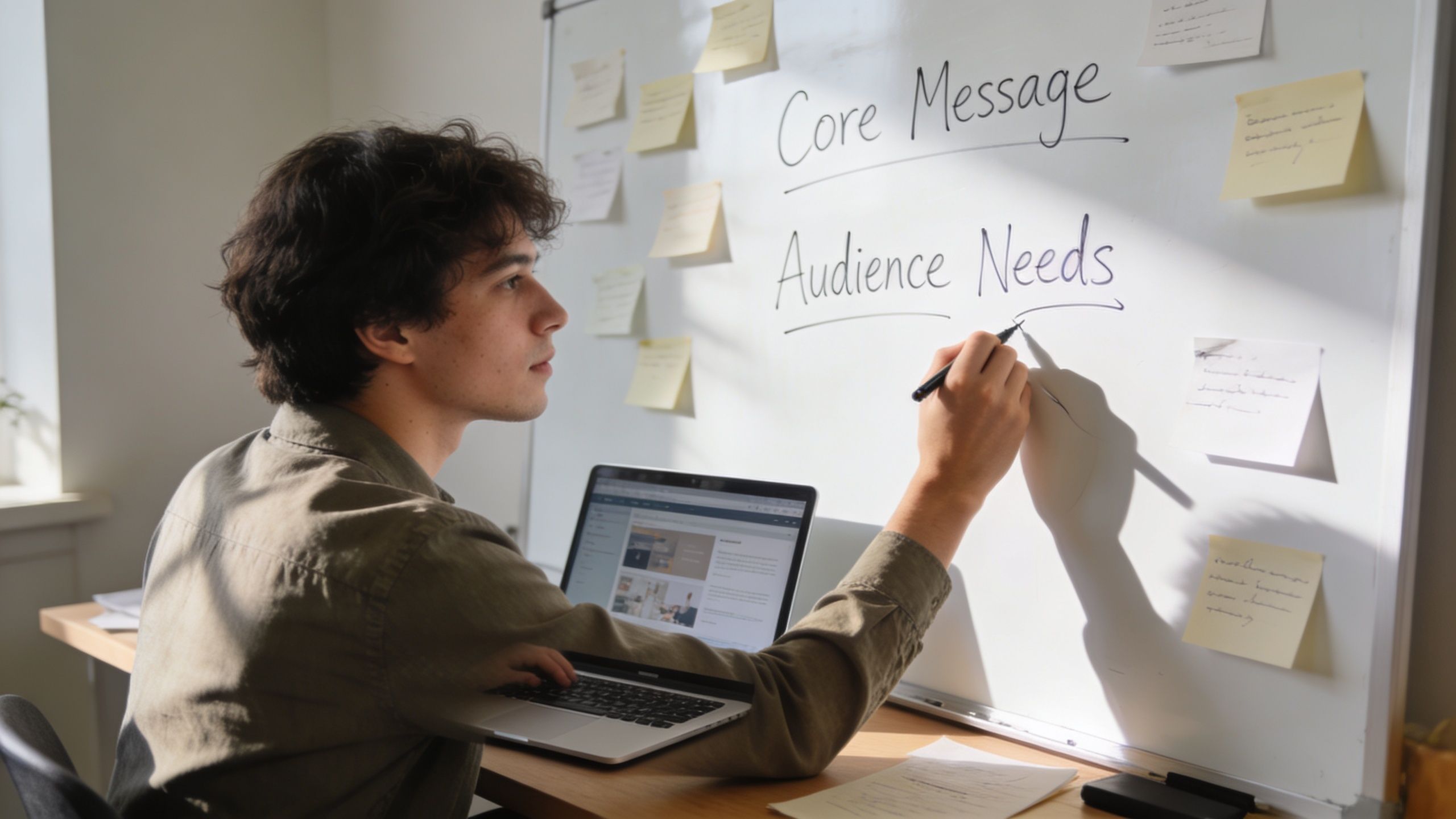 A young man sits at a desk, typing on a laptop while writing on a whiteboard.