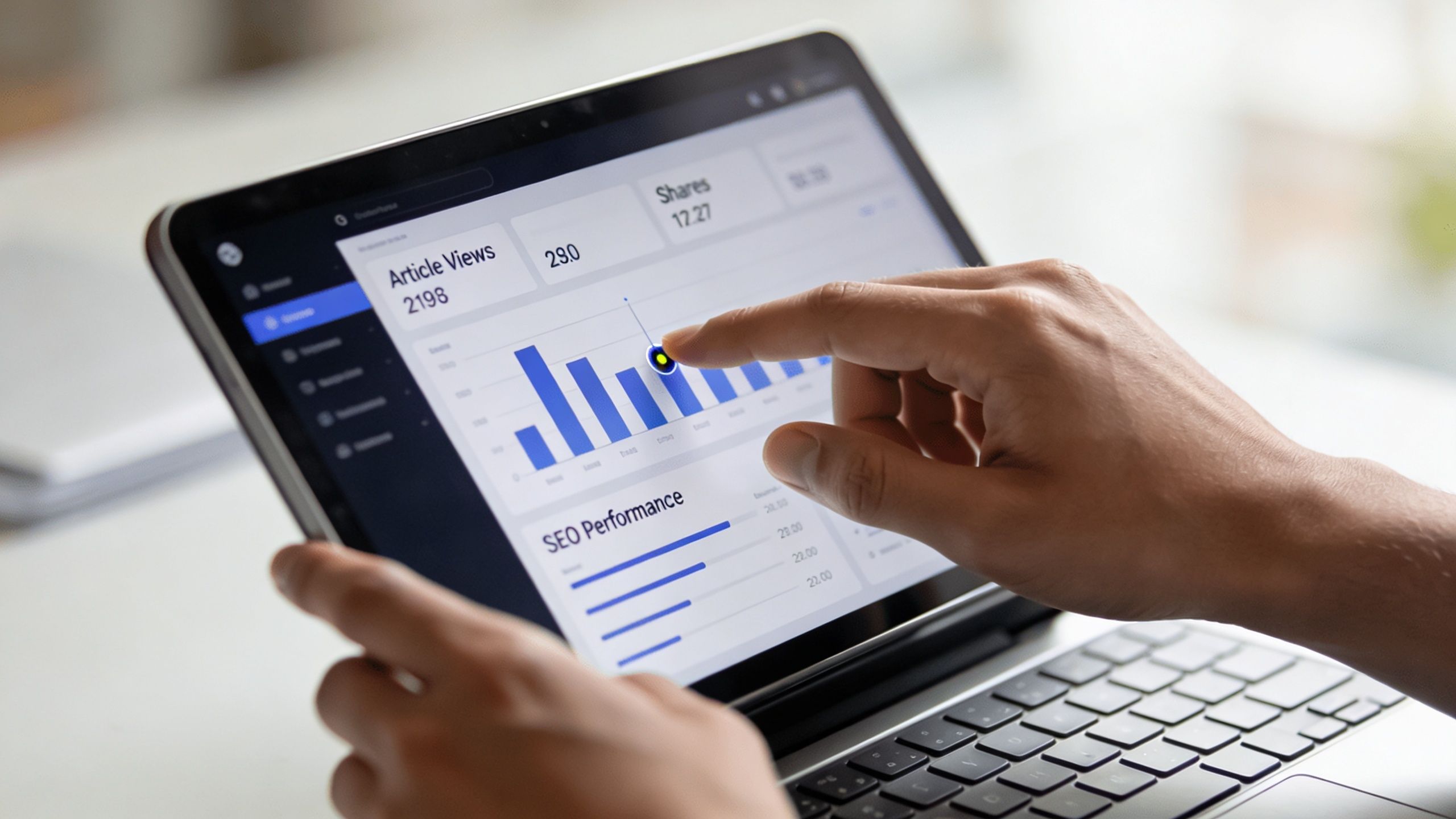 A professional analyzing website analytics on a digital tablet with a bar chart and metrics displayed.