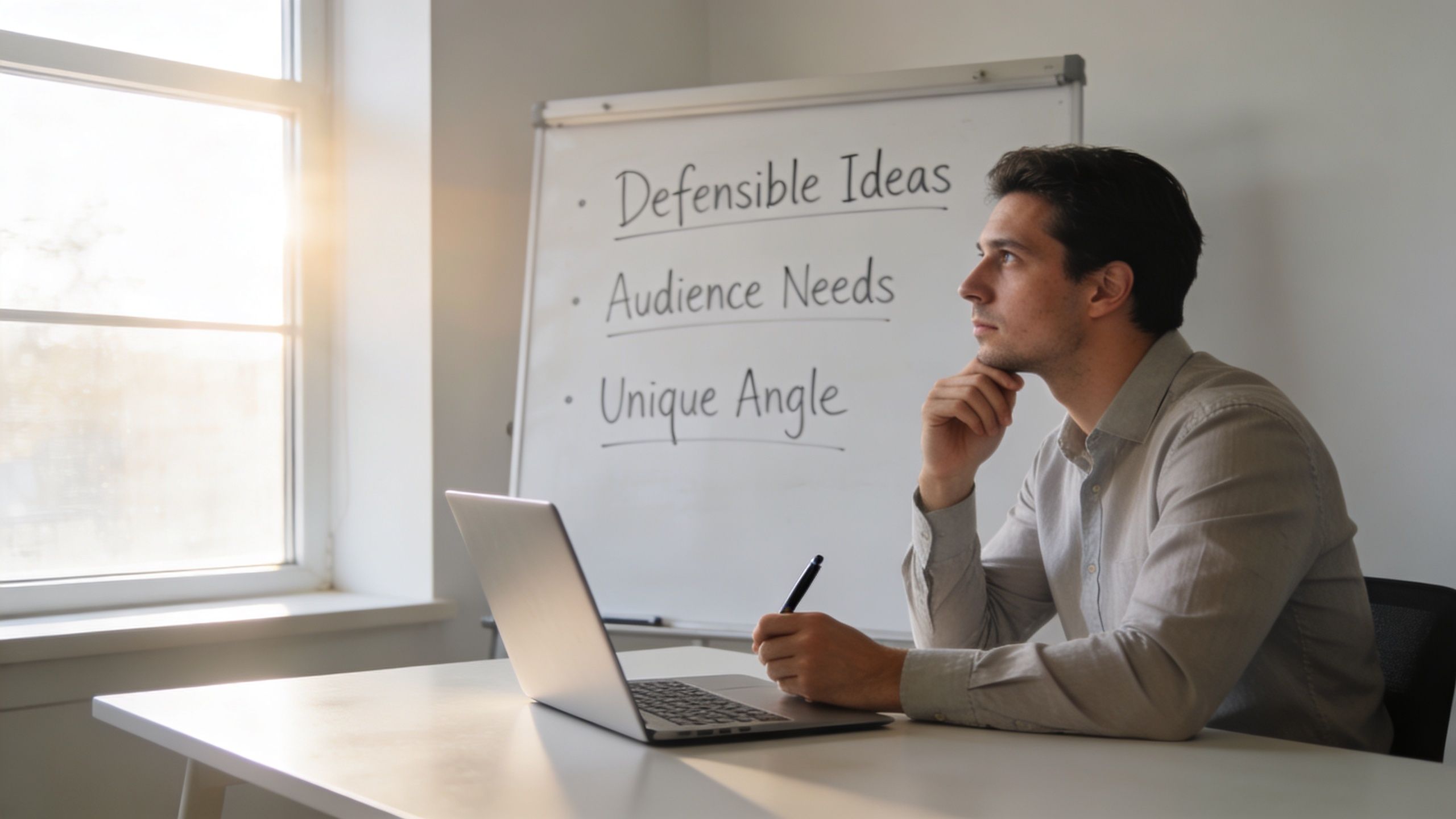 A professional man sits at a desk in a bright office, thoughtfully planning a content strategy.