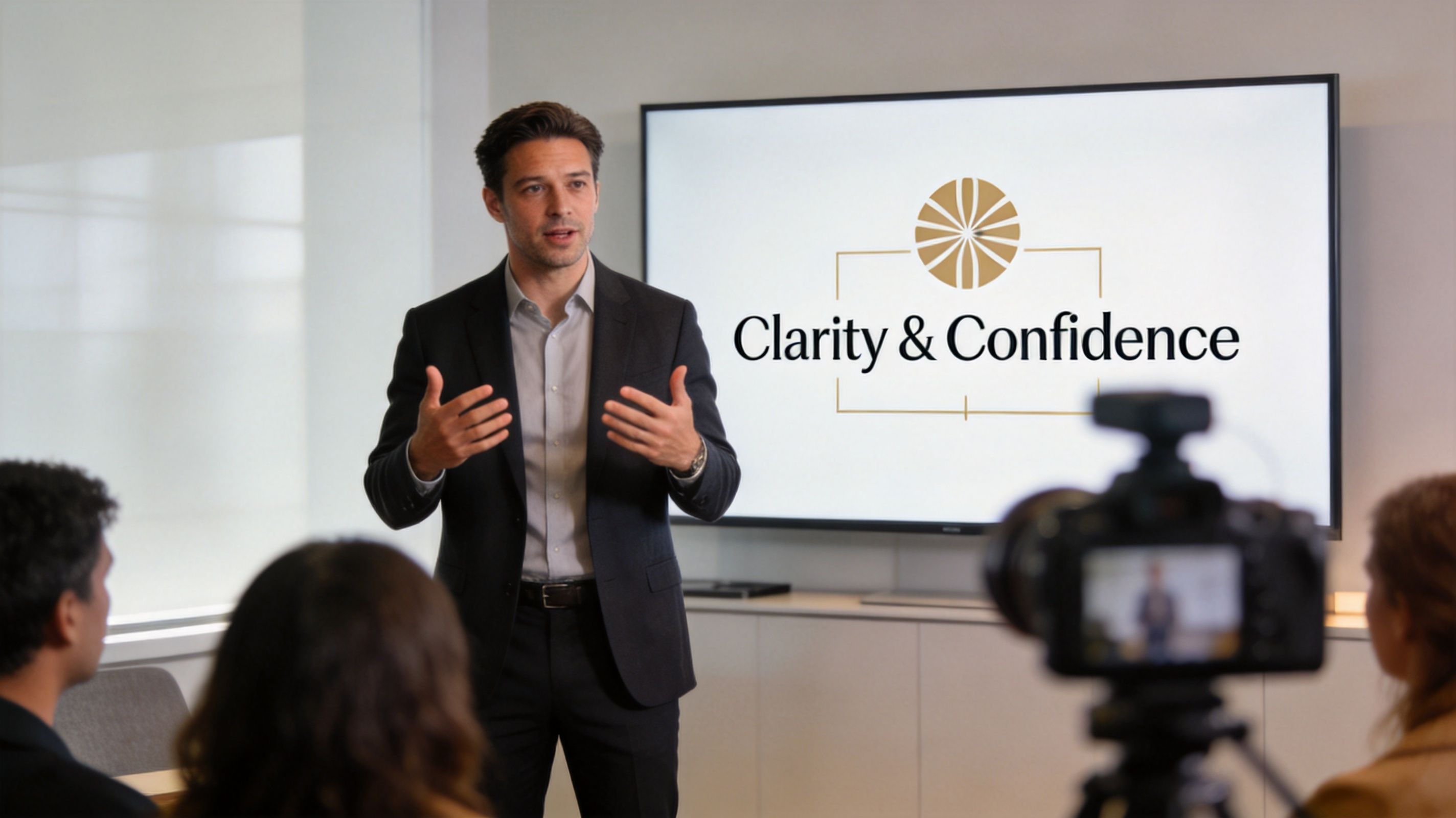A professional man delivering a speech about clarity and confidence in front of a conference audience.