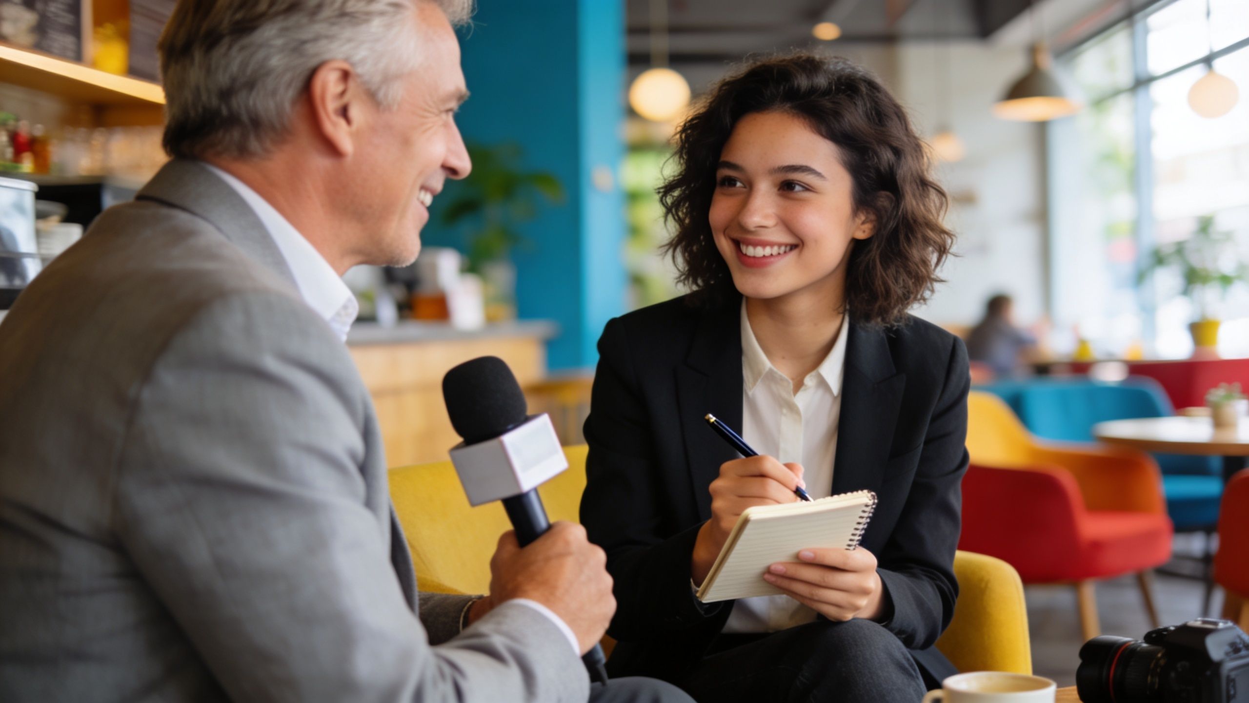 A professional man interviewing a young woman journalist who is taking notes during an indoor meeting.