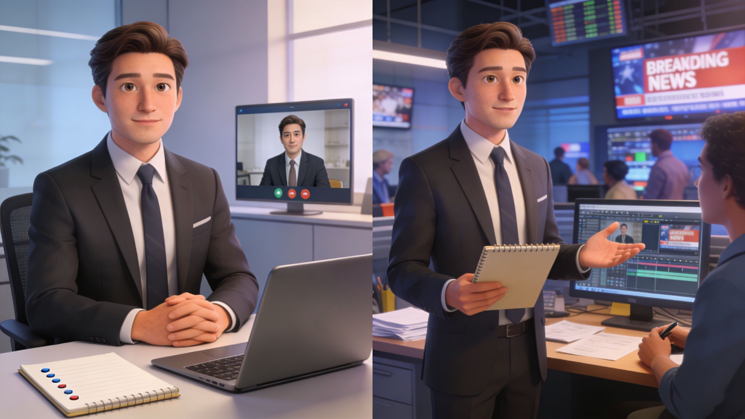 A 3D animated character of a professional man working in a modern office and media news studio.