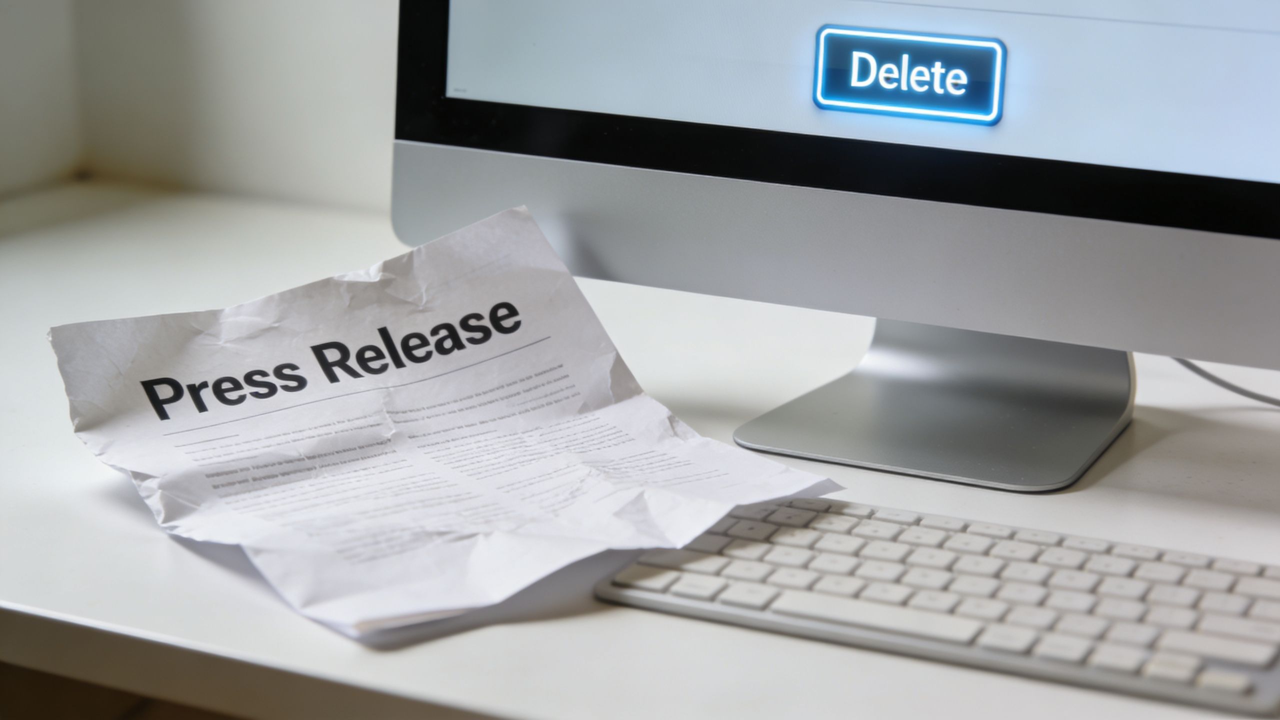A crumpled paper with the words Press Release next to a computer monitor with a Delete button.