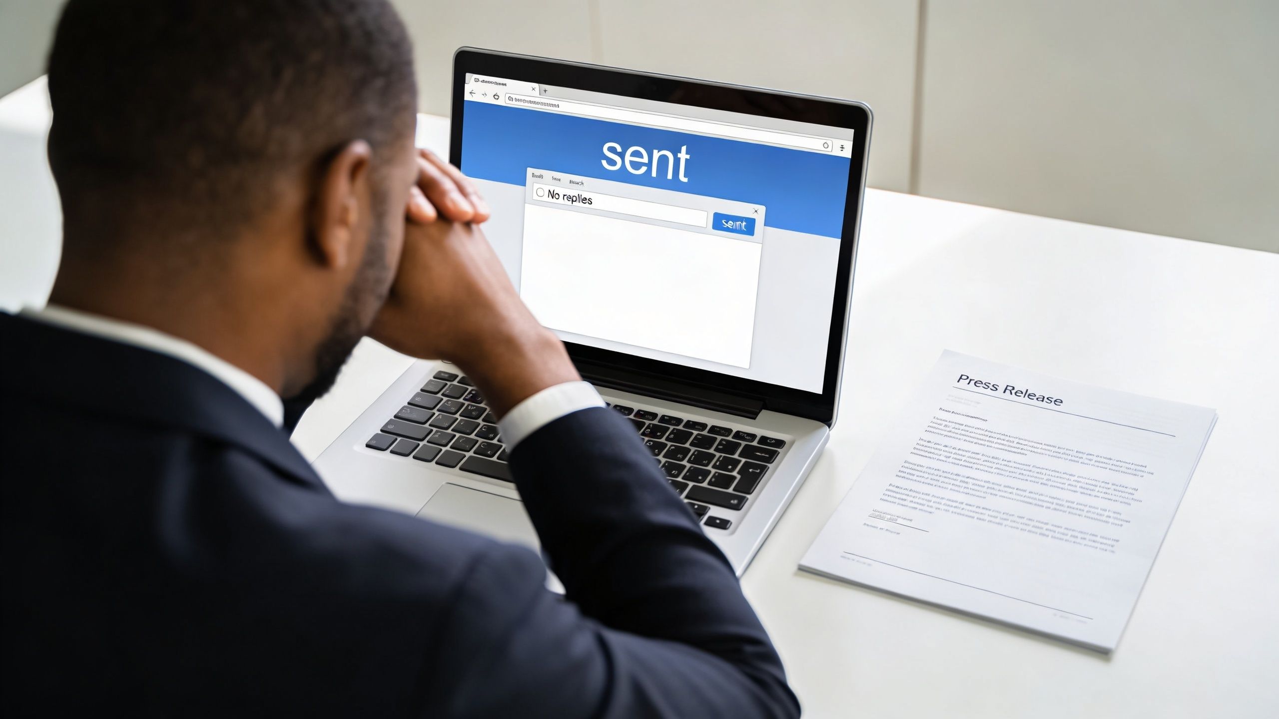 A professional man sitting at a desk looking at a laptop screen displaying a sent email message.