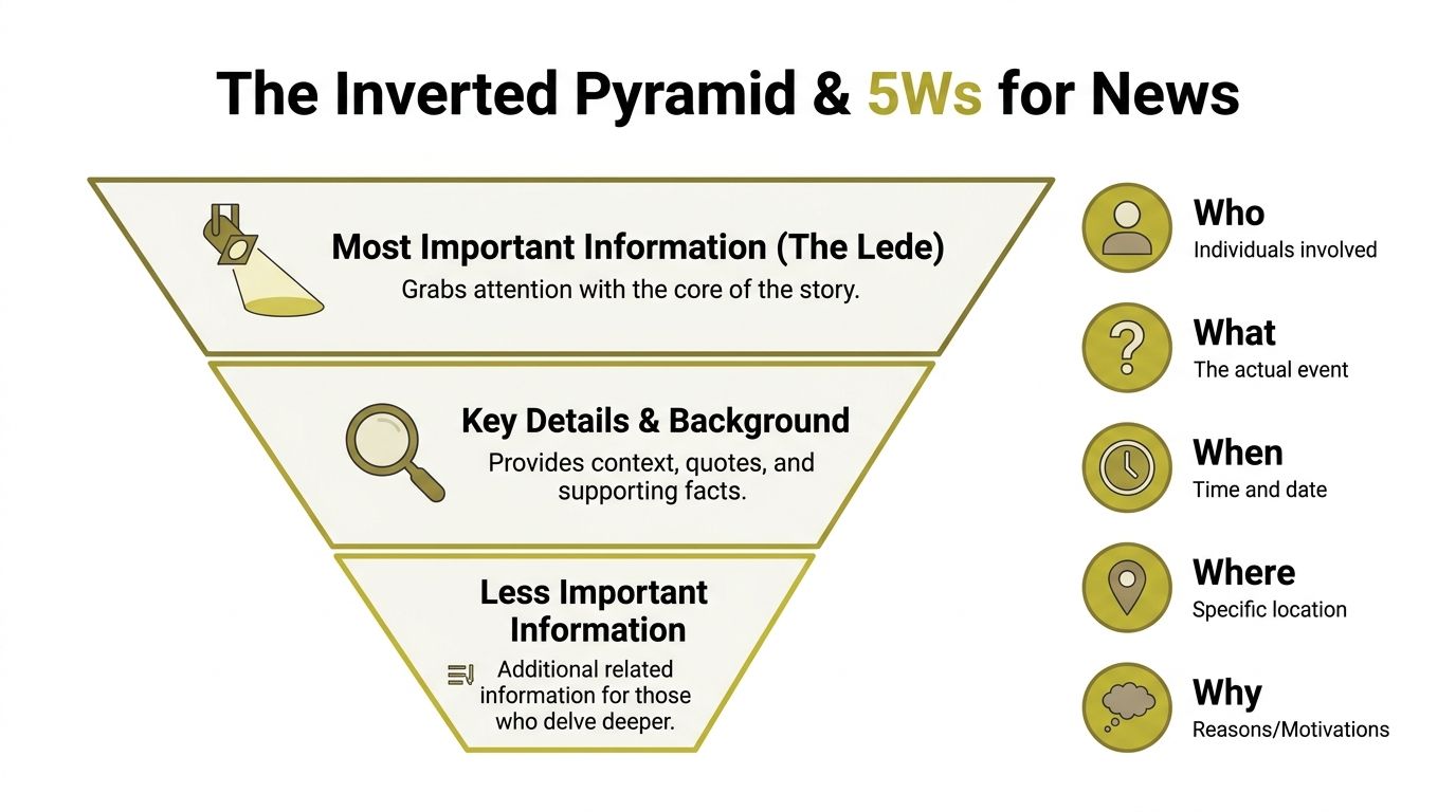 An infographic showing the inverted pyramid model of news writing alongside the five Ws of journalism.