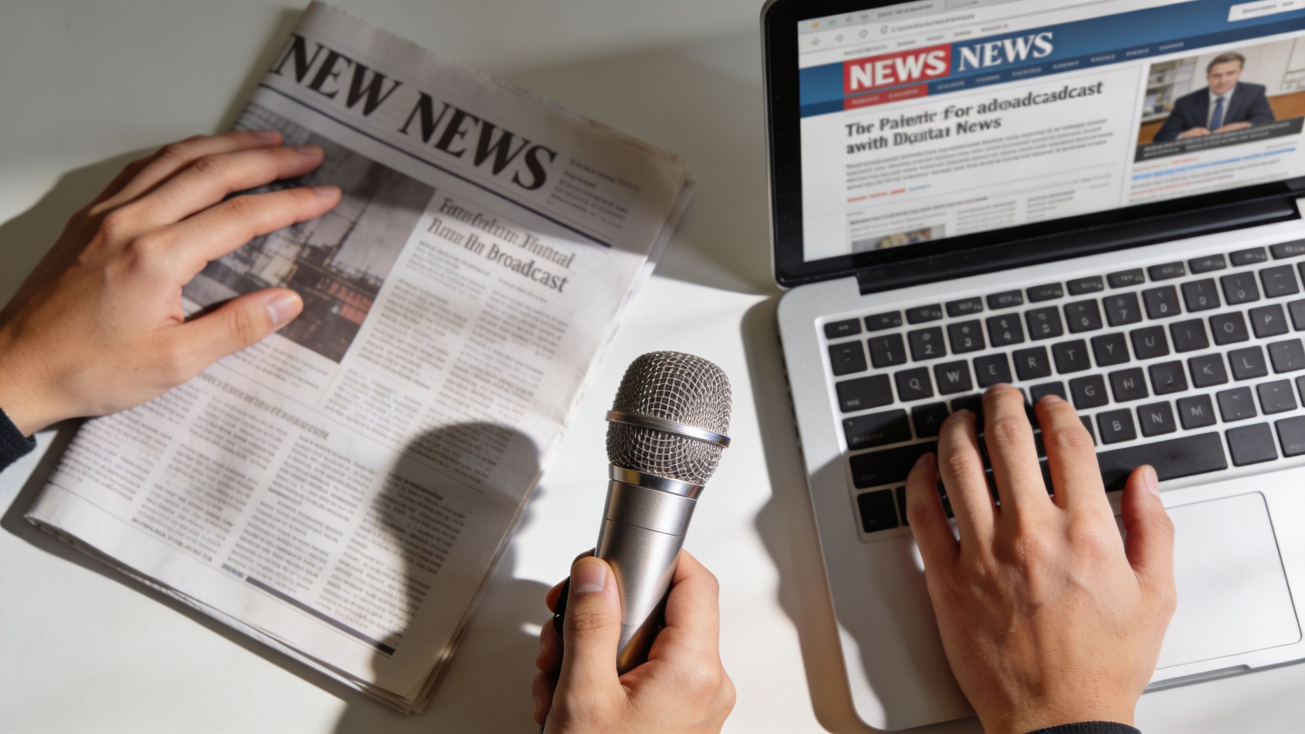 A person using a laptop and a newspaper with a microphone to report on news coverage.