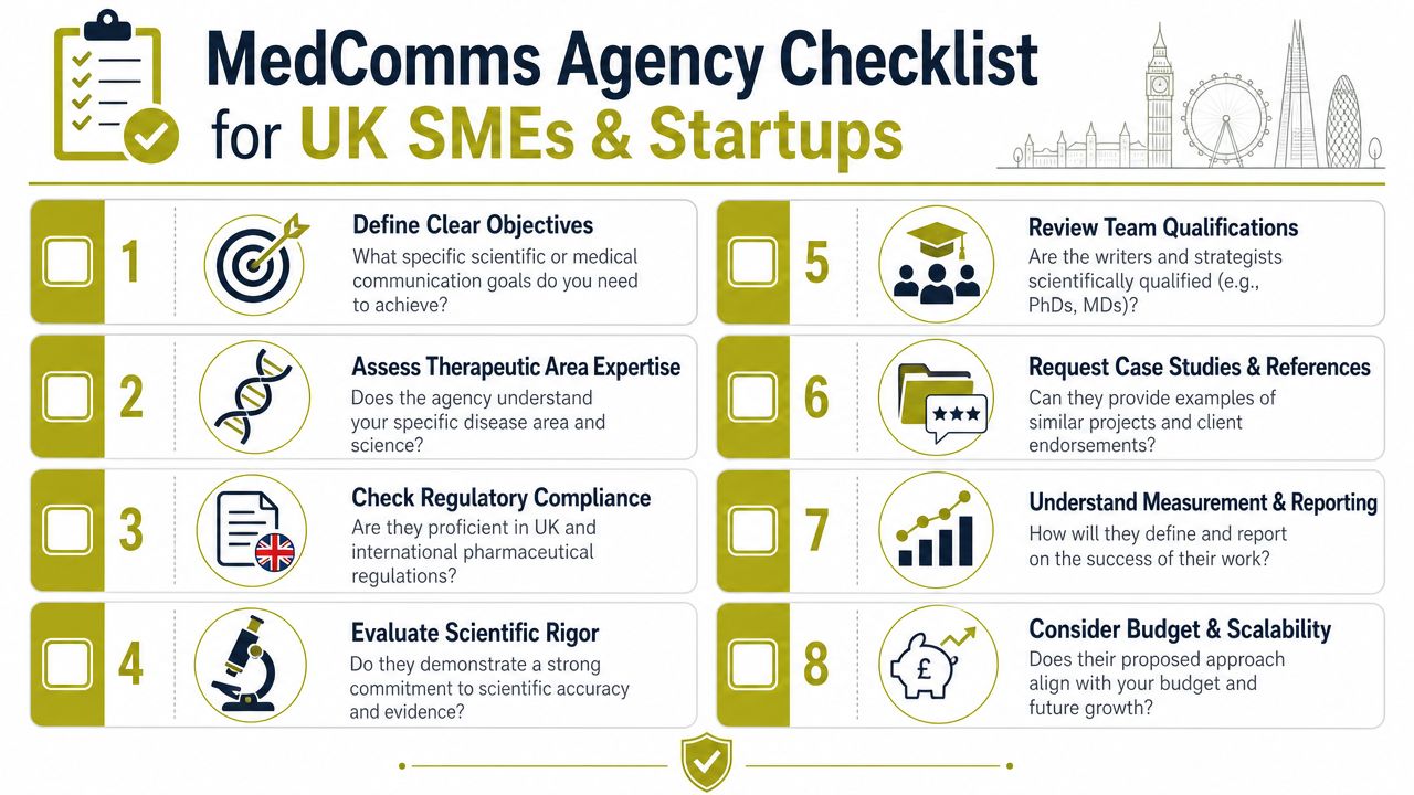 A checklist for UK SMEs and startups evaluating potential medical communications agencies, presented in eight numbered steps.