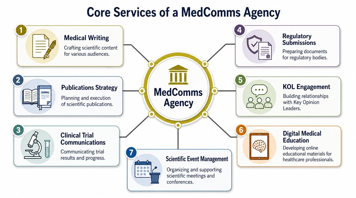 A diagram illustrating the seven core services provided by a professional medical communications agency for healthcare clients.