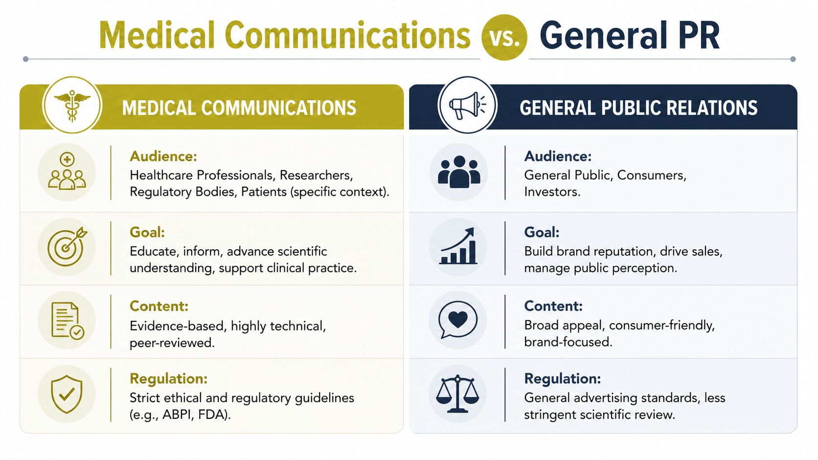 A comparison chart outlining key differences between medical communications and general public relations across four distinct categories.