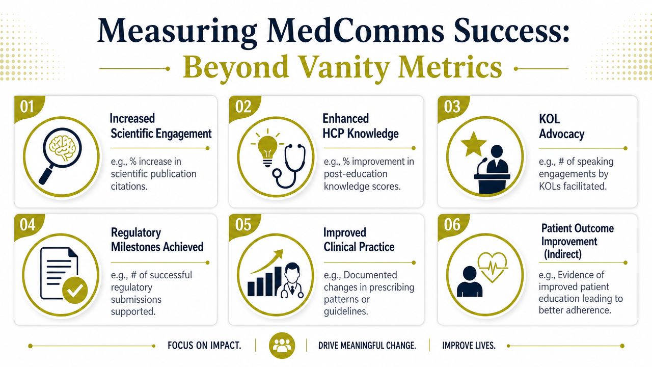 A professional infographic titled Measuring MedComms Success, listing six key performance indicators for medical communications efforts.