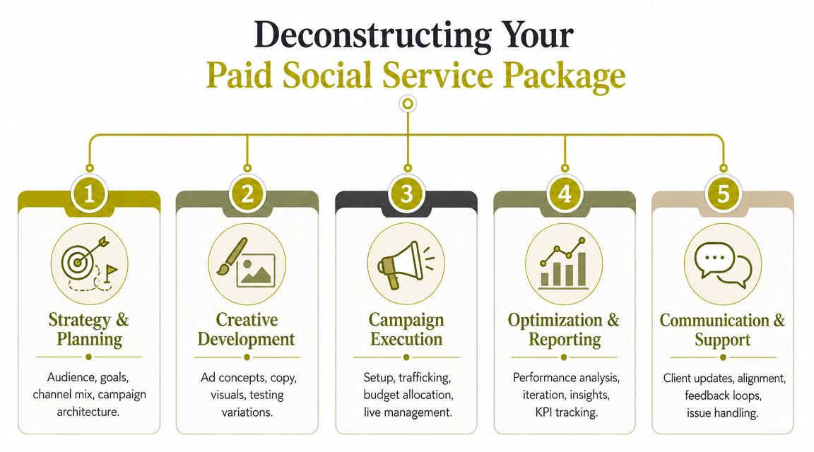 A flowchart infographic outlining the five key components of a professional paid social service package structure.