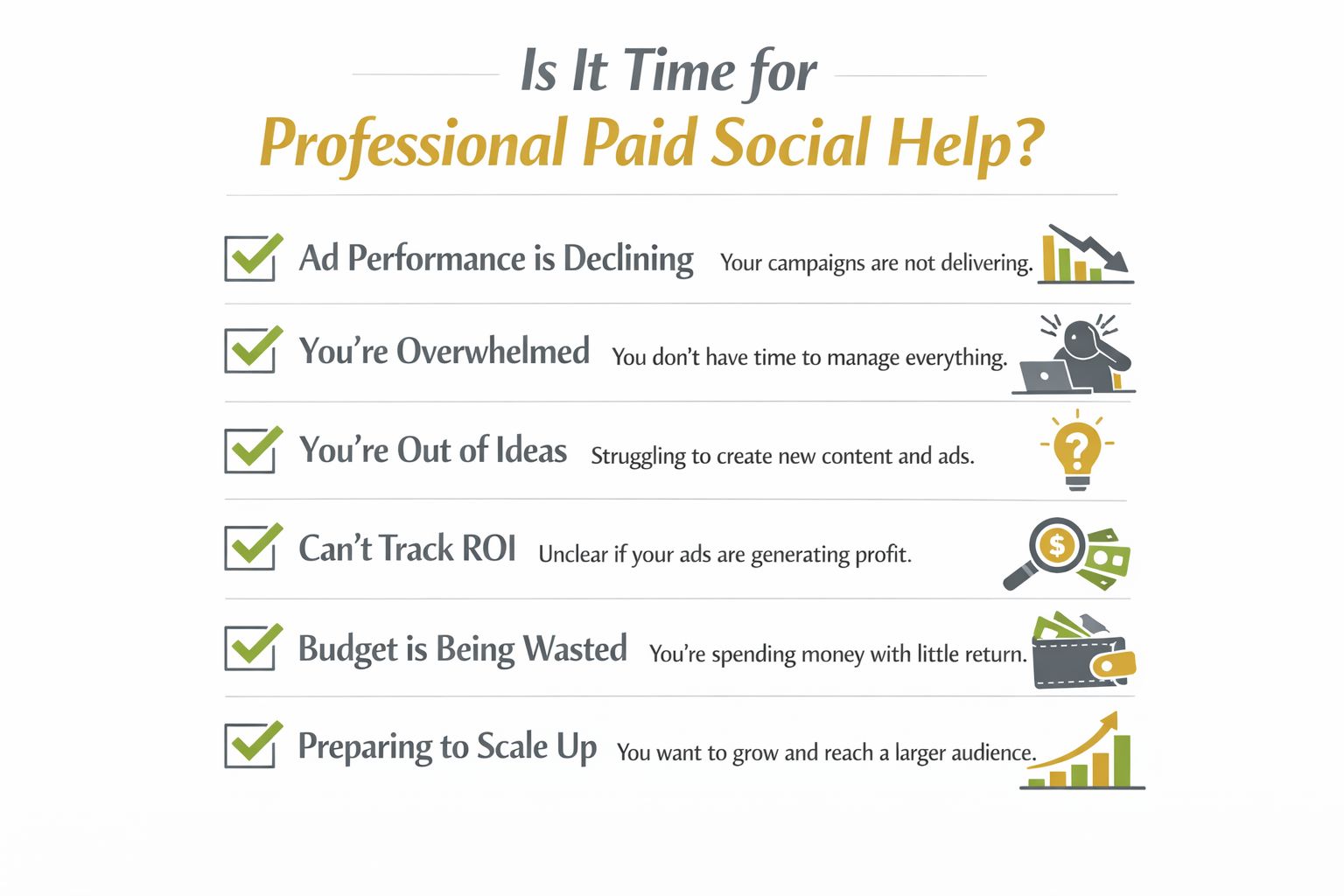 A checklist infographic asking if it is time for professional paid social media marketing help.