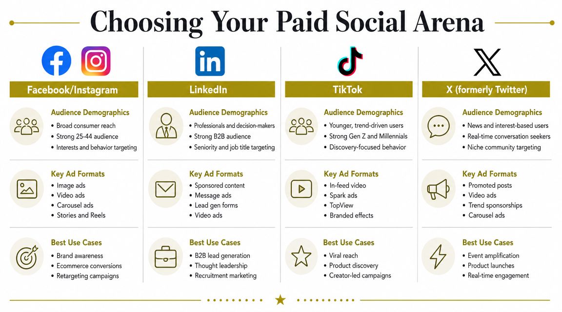 A comparison chart outlining audience demographics, ad formats, and best use cases for major social media advertising platforms.