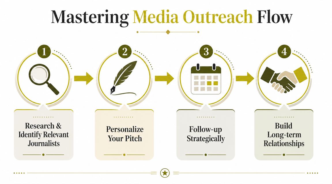 A four-step infographic illustrating the professional process for mastering media outreach for effective public relations.
