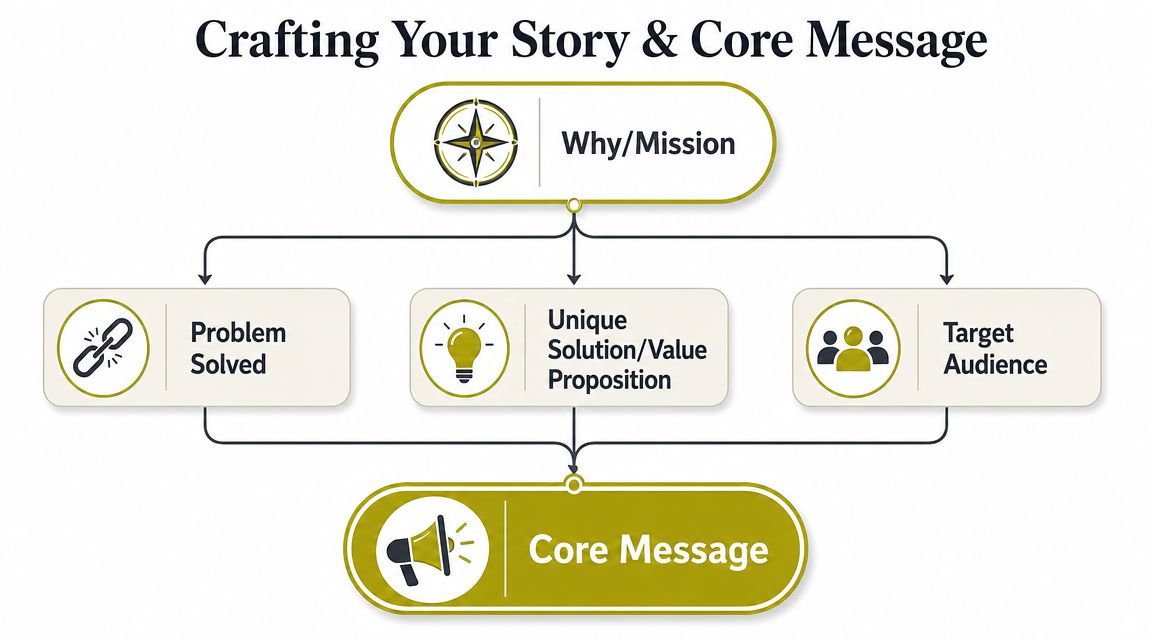 A diagram illustrating the process of crafting a story and core message for a startup brand.