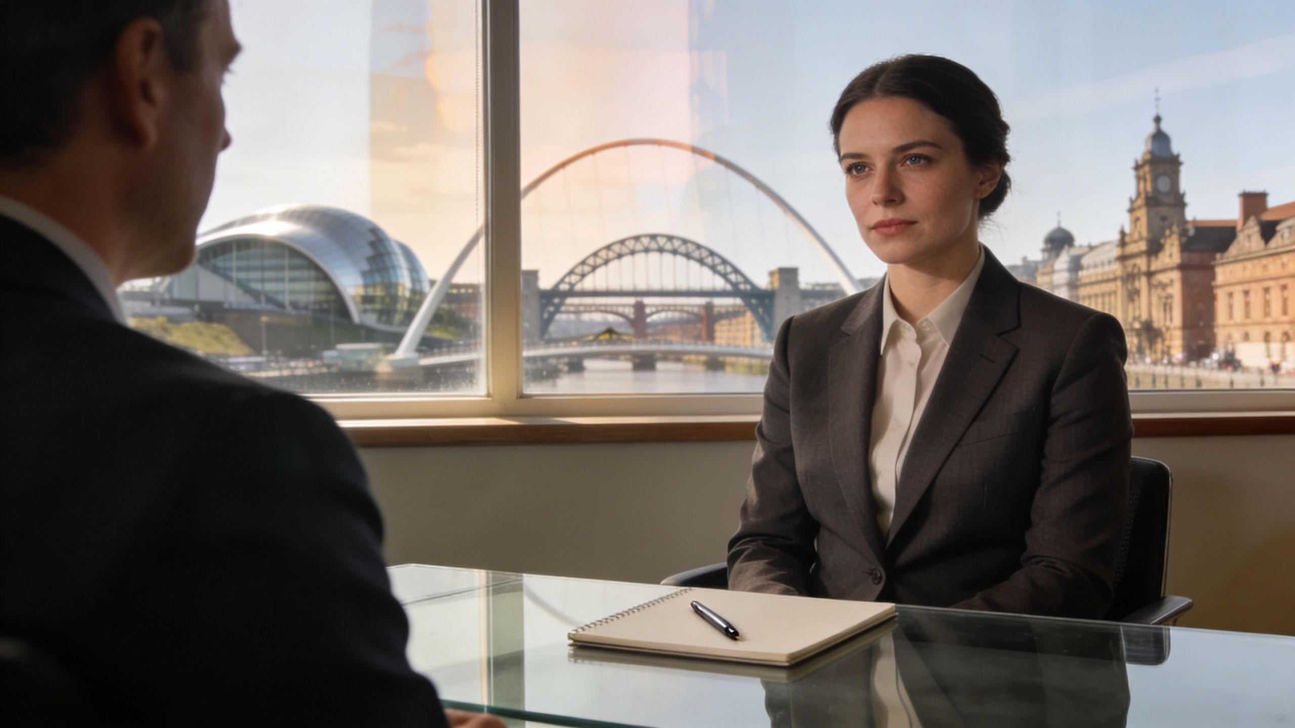 A professional woman in a business suit sitting across from a colleague in a modern office overlooking Newcastle.