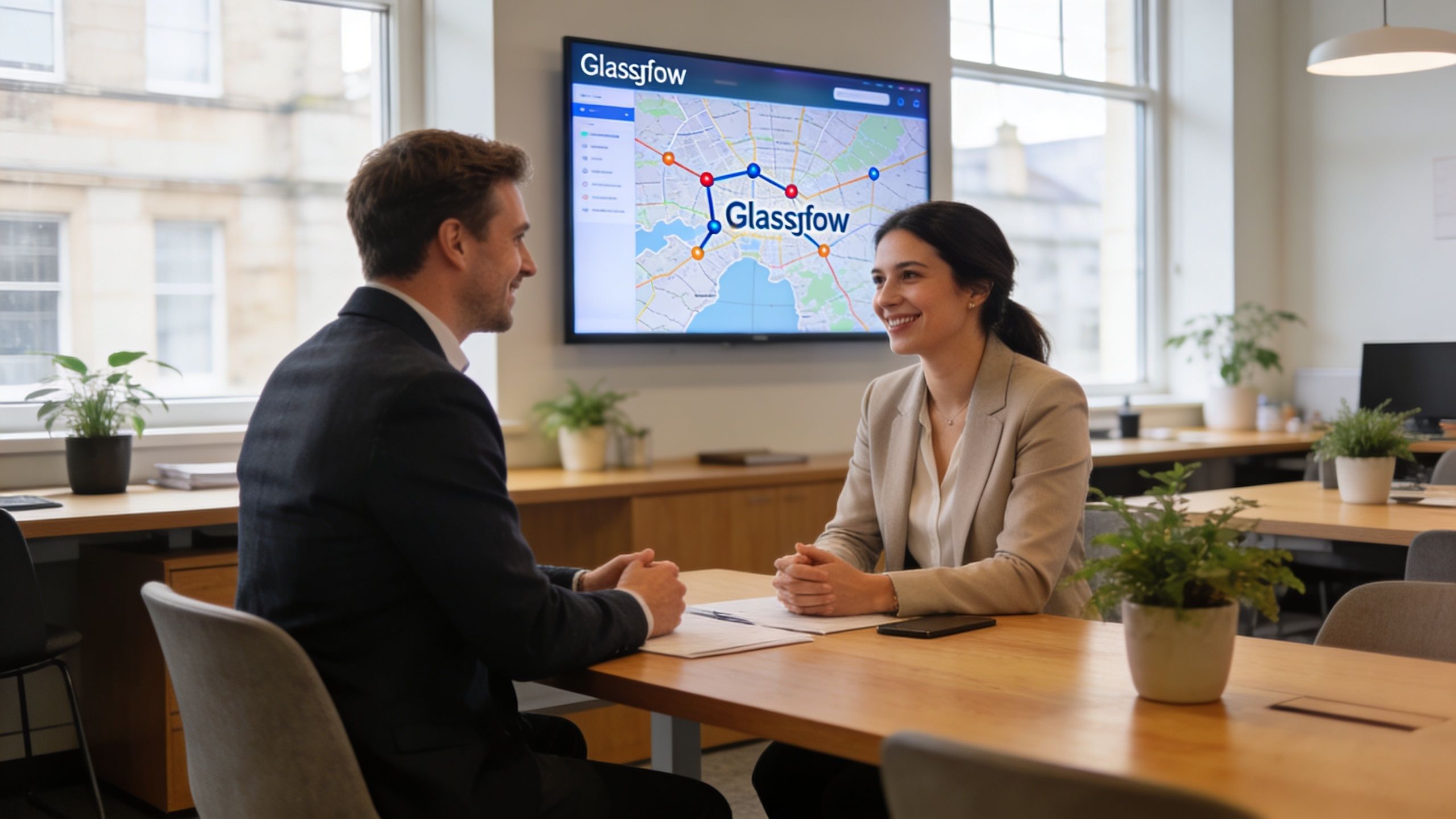 A professional man and woman having a meeting in a bright office in Glasgow with a map.