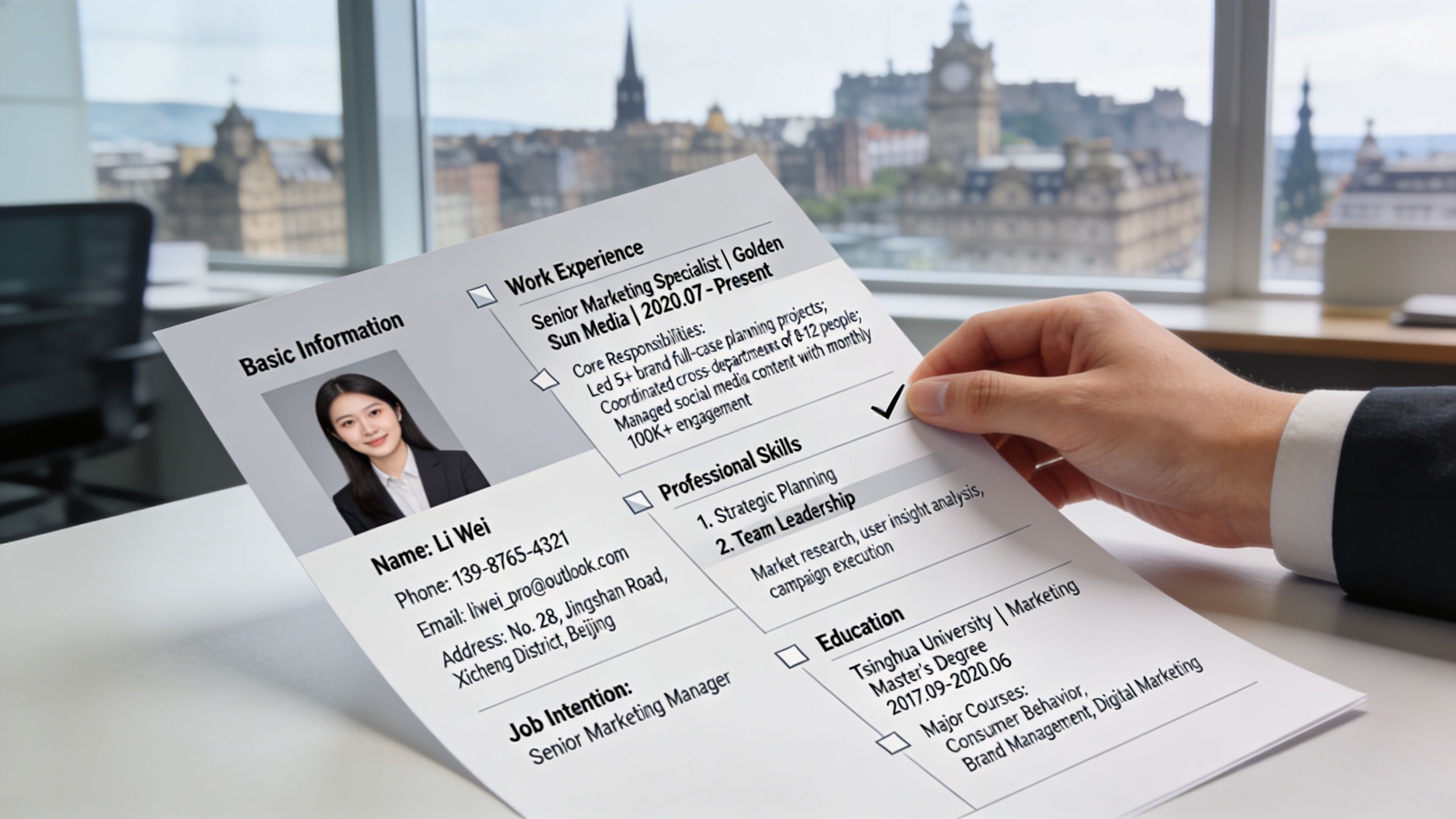A recruiter reviewing a candidate's professional marketing resume in a bright office overlooking a city.