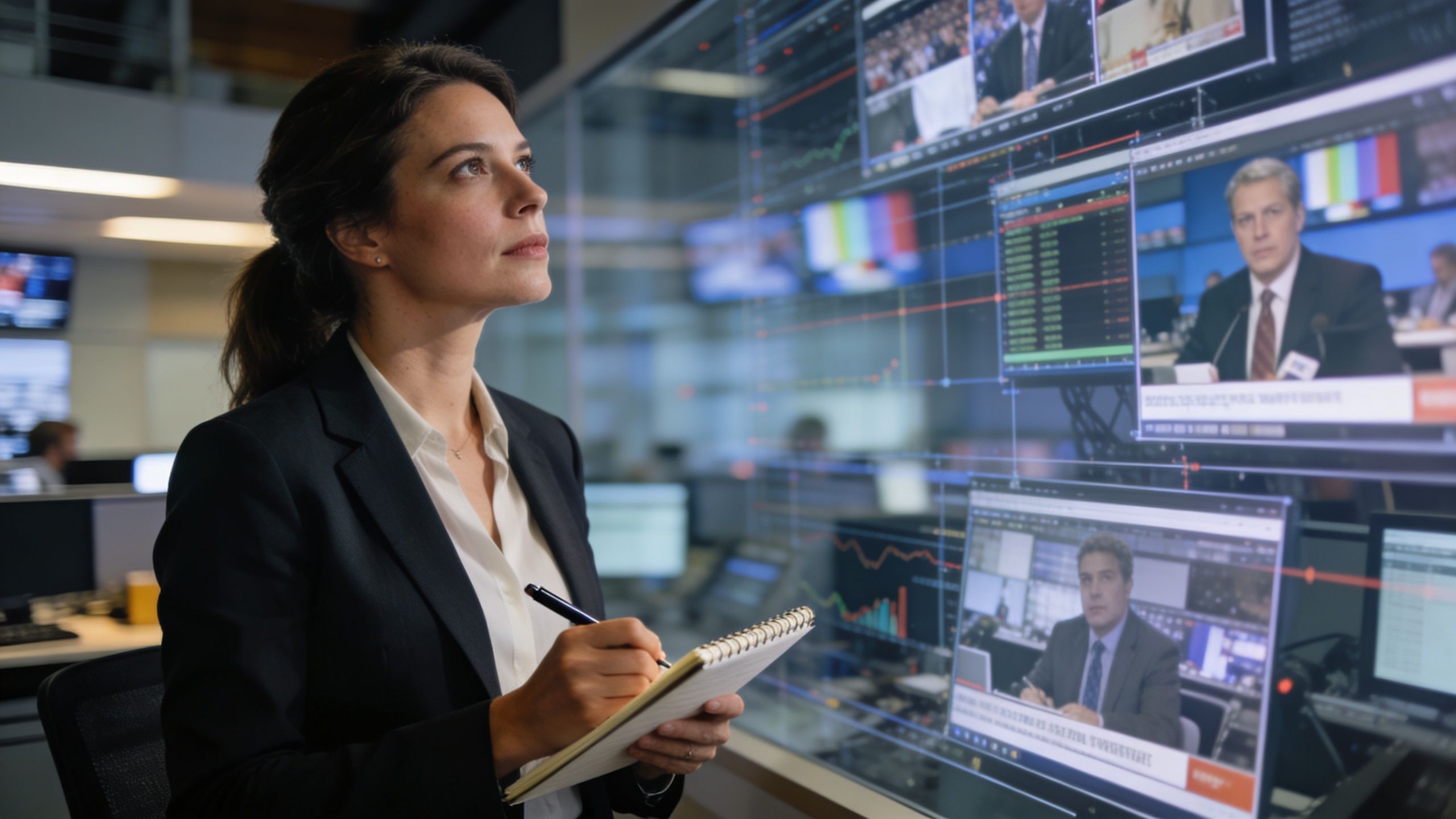 A professional woman in a business suit taking notes while monitoring financial news on multiple digital screens.