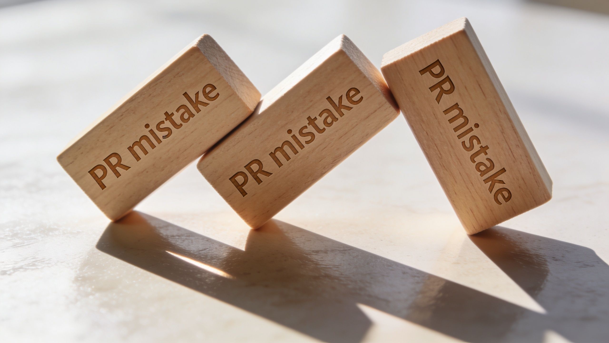 Three wooden blocks placed in a domino pattern on a light surface, each labeled with PR mistake.