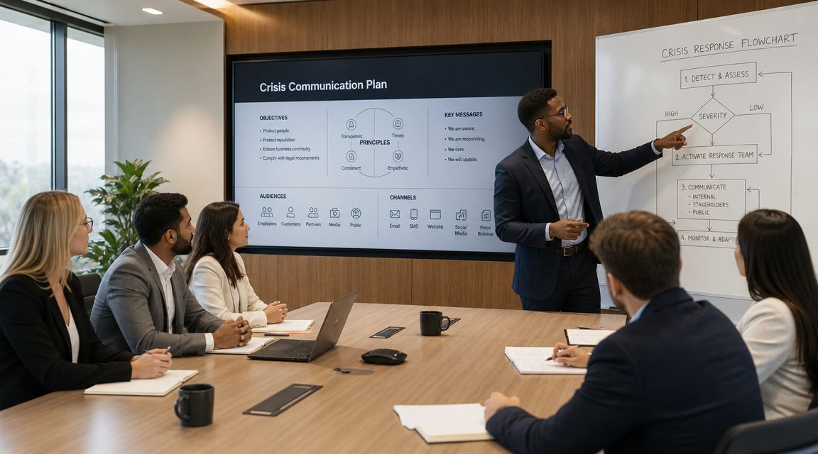 A professional man presents a crisis communication plan and flowchart to colleagues in a modern boardroom.