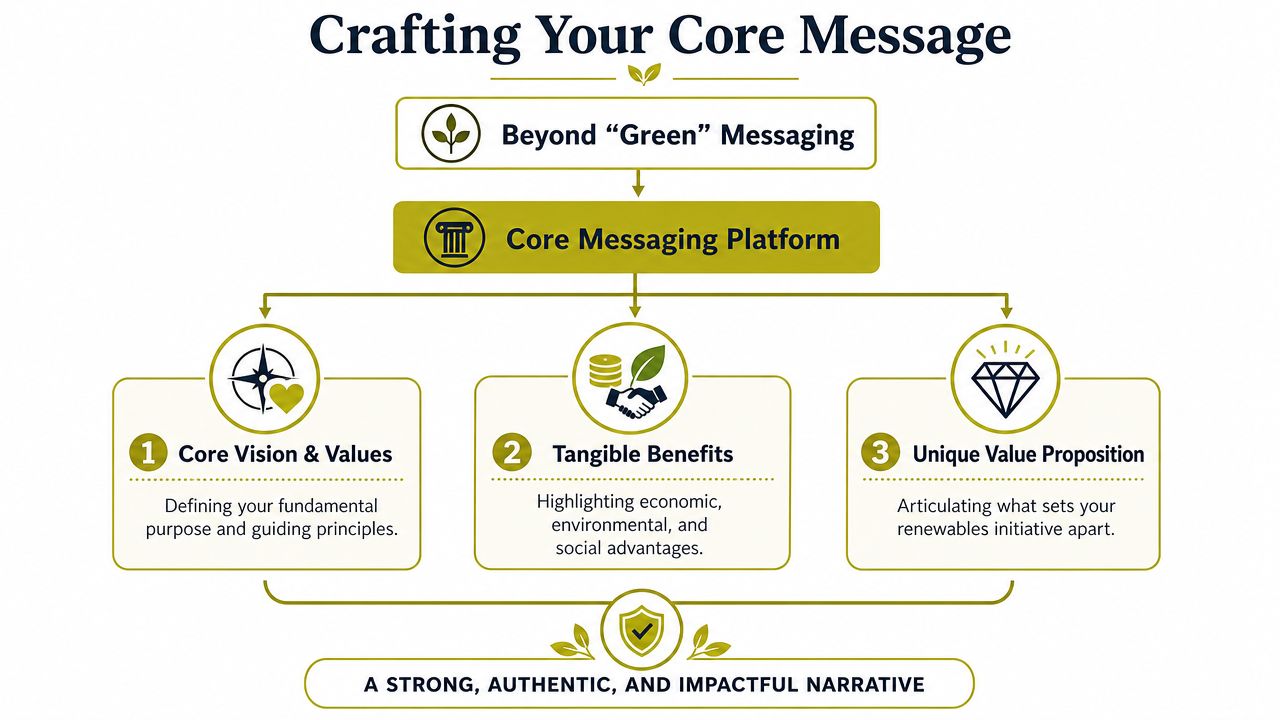 A diagram outlining the process of crafting a core messaging strategy for renewables initiatives.