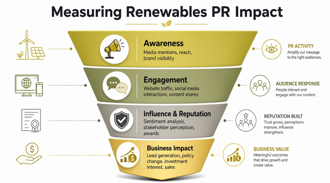 A funnel infographic titled Measuring Renewables PR Impact showing four stages from awareness to business impact.