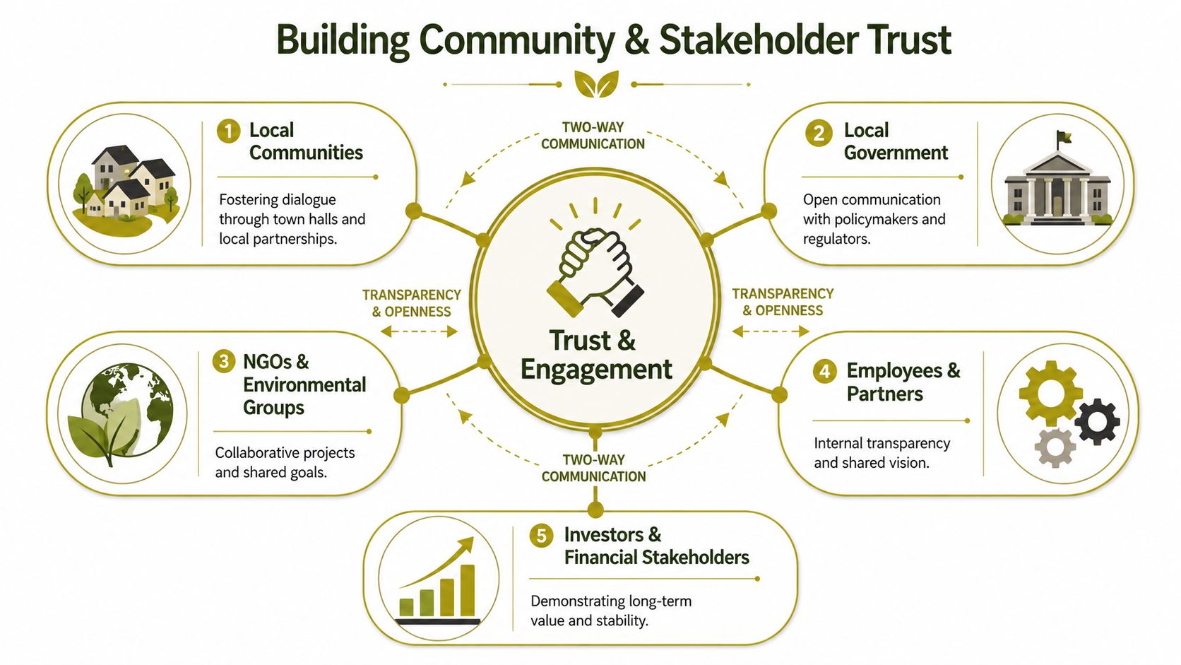 A diagram illustrating strategies for building trust and engagement with five key community and business stakeholders.