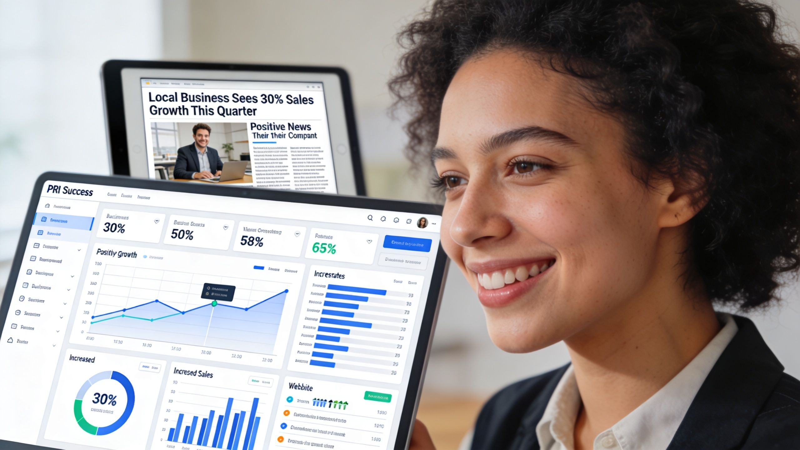 A professional woman smiling at a tablet displaying a public relations data analytics dashboard and business news.