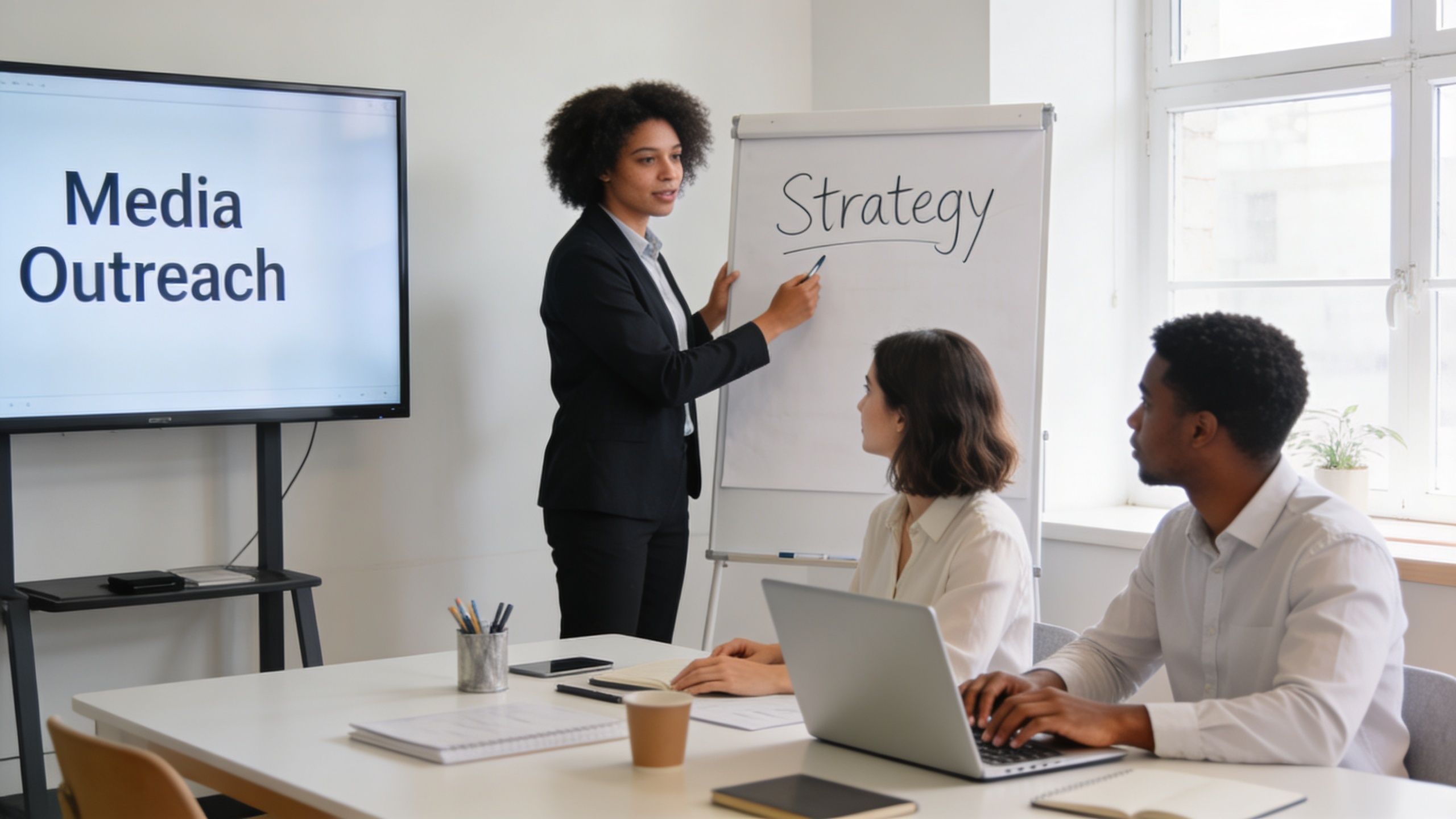 A professional woman presenting a media outreach strategy to colleagues during a collaborative business meeting.