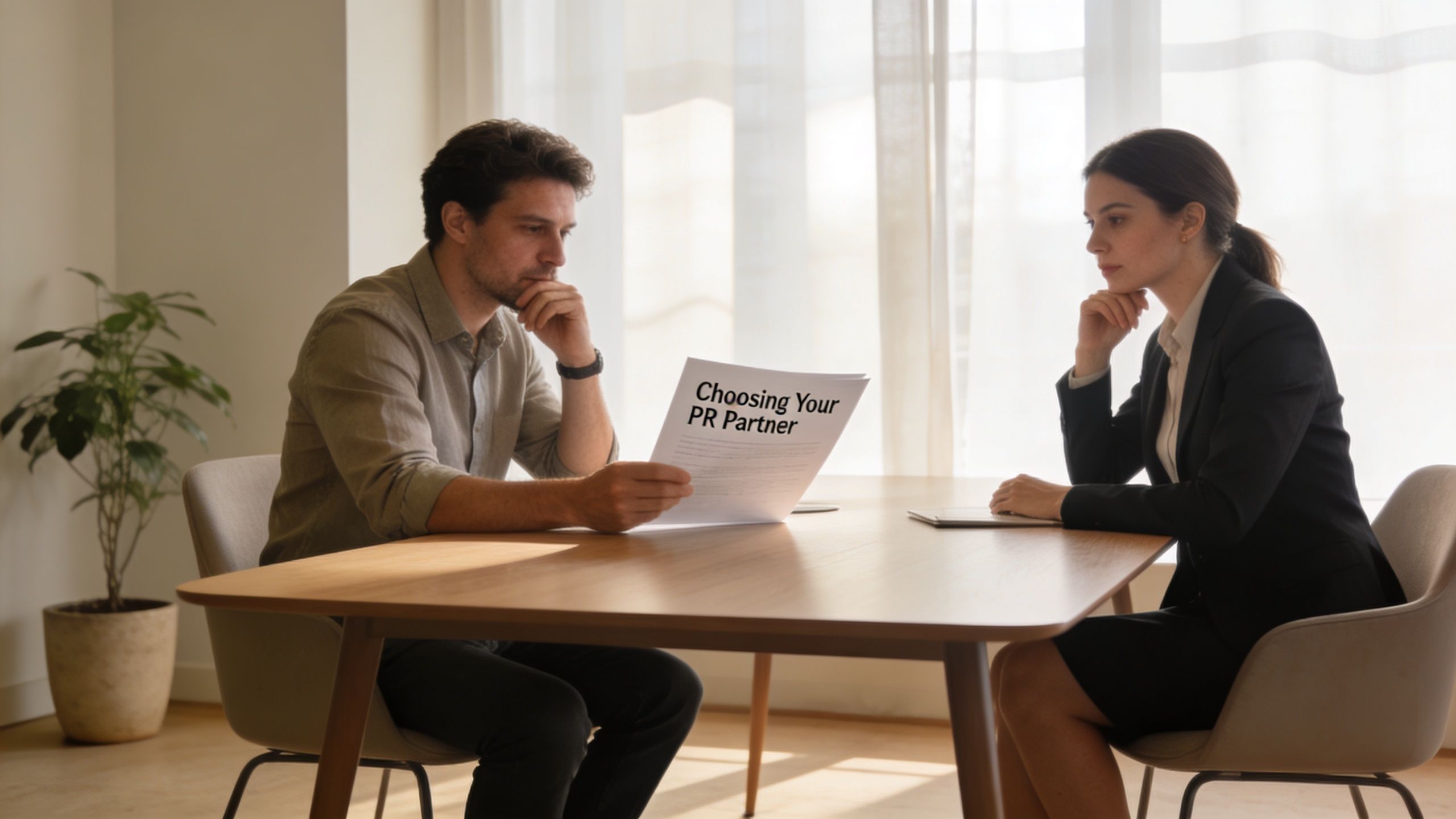 A man and woman in an office reviewing a document titled Choosing Your PR Partner.
