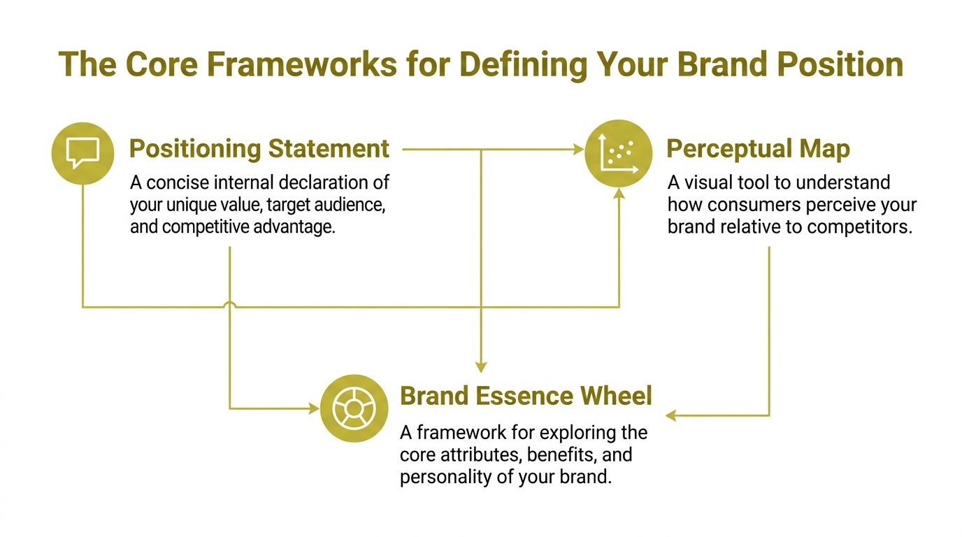 A diagram illustrating the core frameworks for defining brand position: Positioning Statement, Perceptual Map, and Brand Essence Wheel.