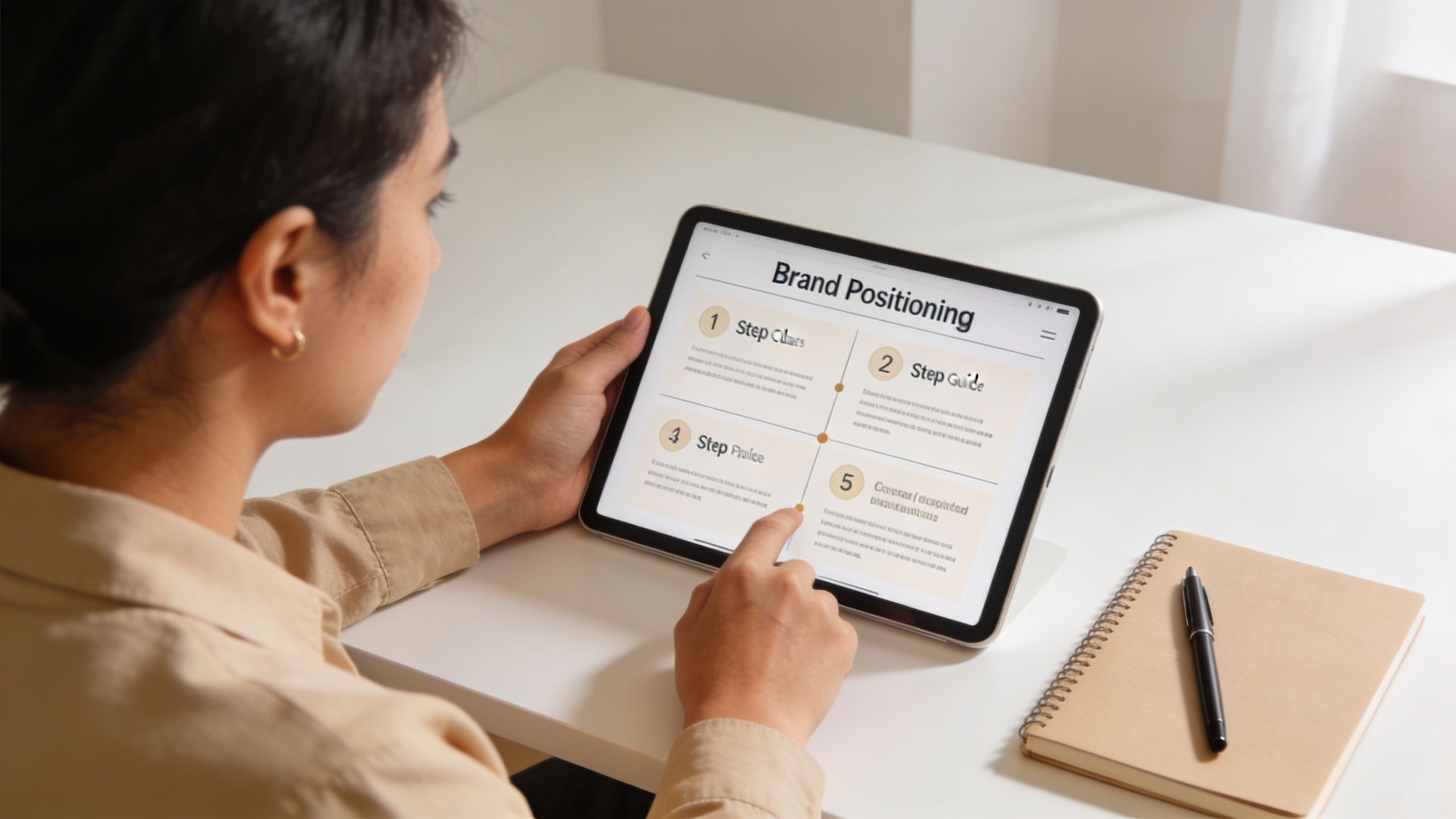 A woman reviewing a Brand Positioning digital presentation on a tablet while sitting at a desk.