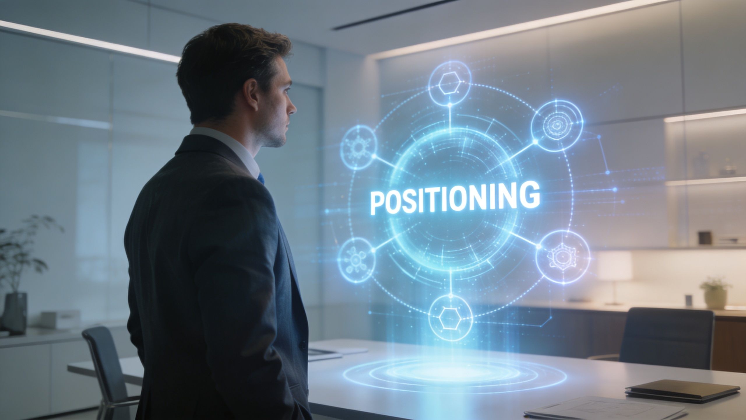 A businessman standing in an office looking at a futuristic holographic display with the text POSITIONING.